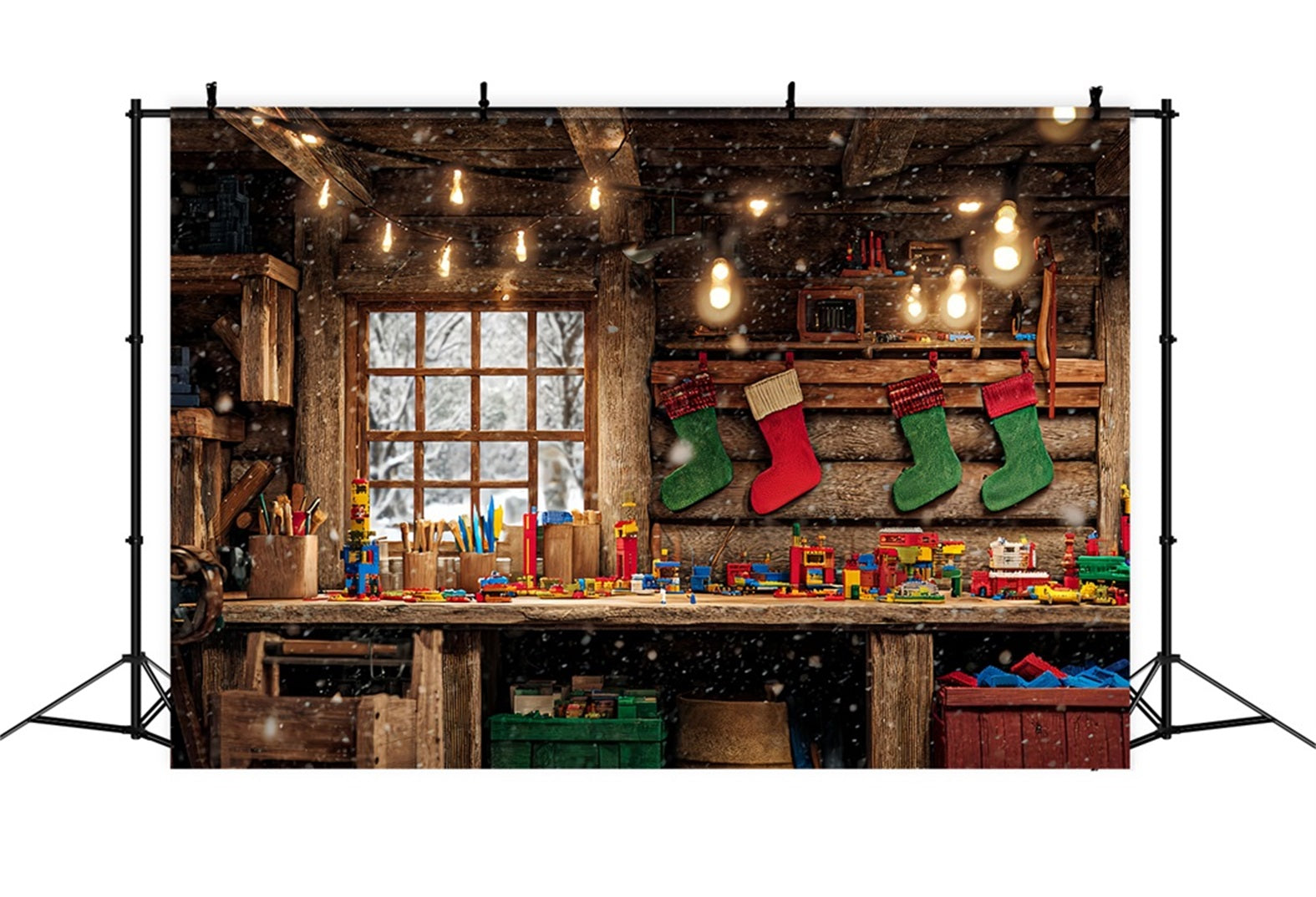 Hintergrund „Weihnachtsmann-Werkstatt“ Holzhütte Spielzeugbank Weihnachtshintergrund TWW510-64