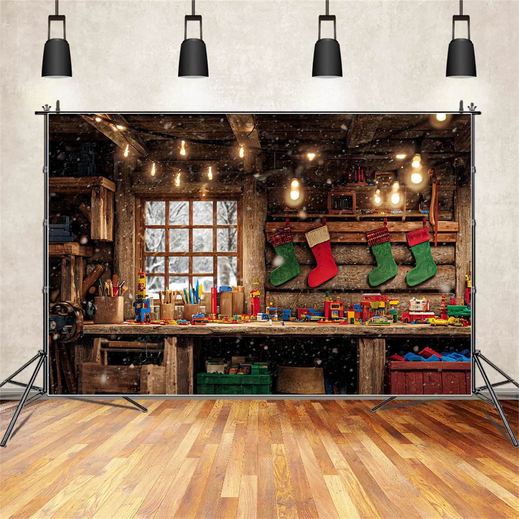 Hintergrund Weihnachtsmann-Werkstatt Holzhütte Spielzeugbank Weihnachtshintergrund TWW510-64