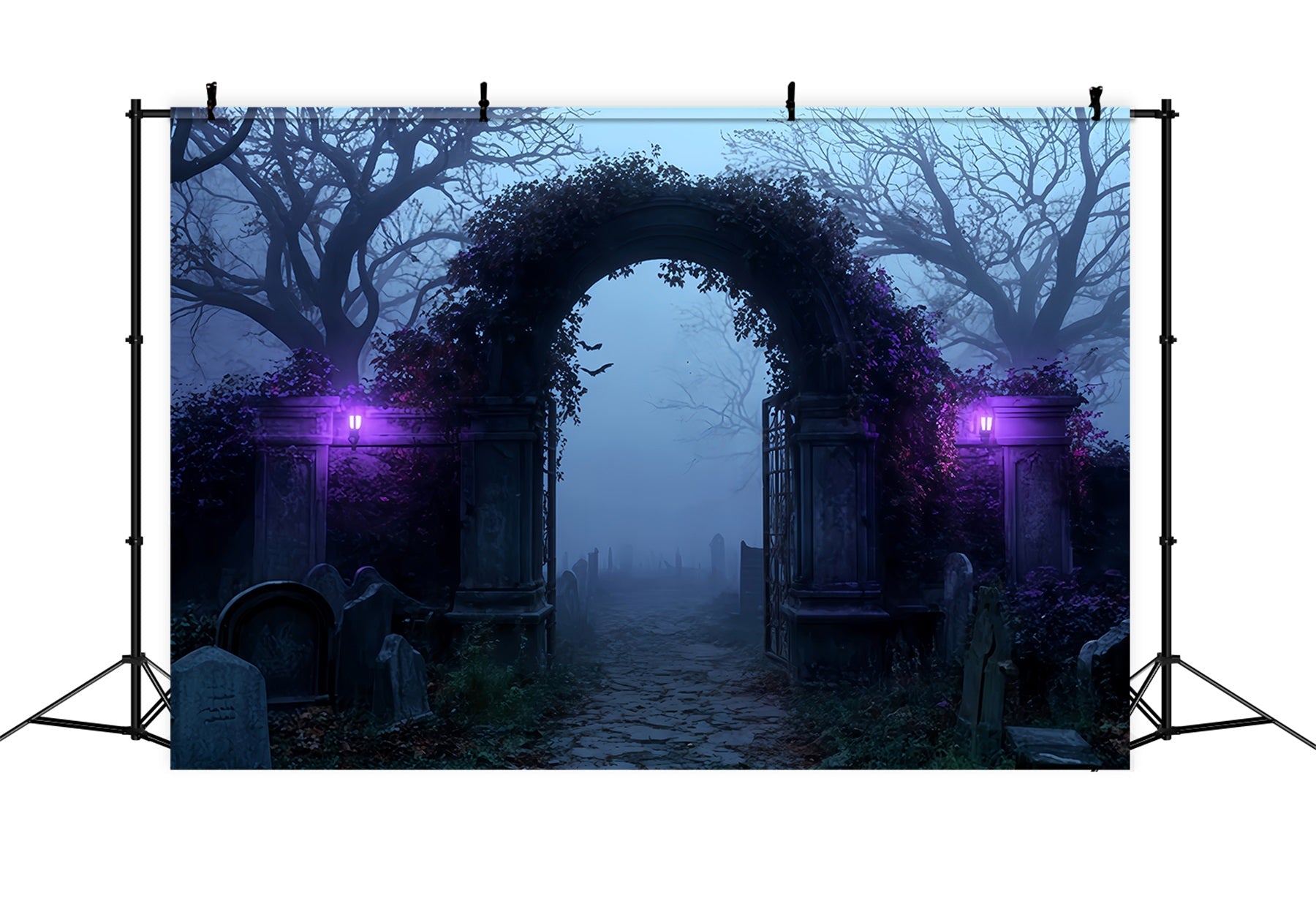 Halloween-Hintergrund Nebliger Friedhof Torbogen Eingang Halloween-Fotohintergründe TWW510-7