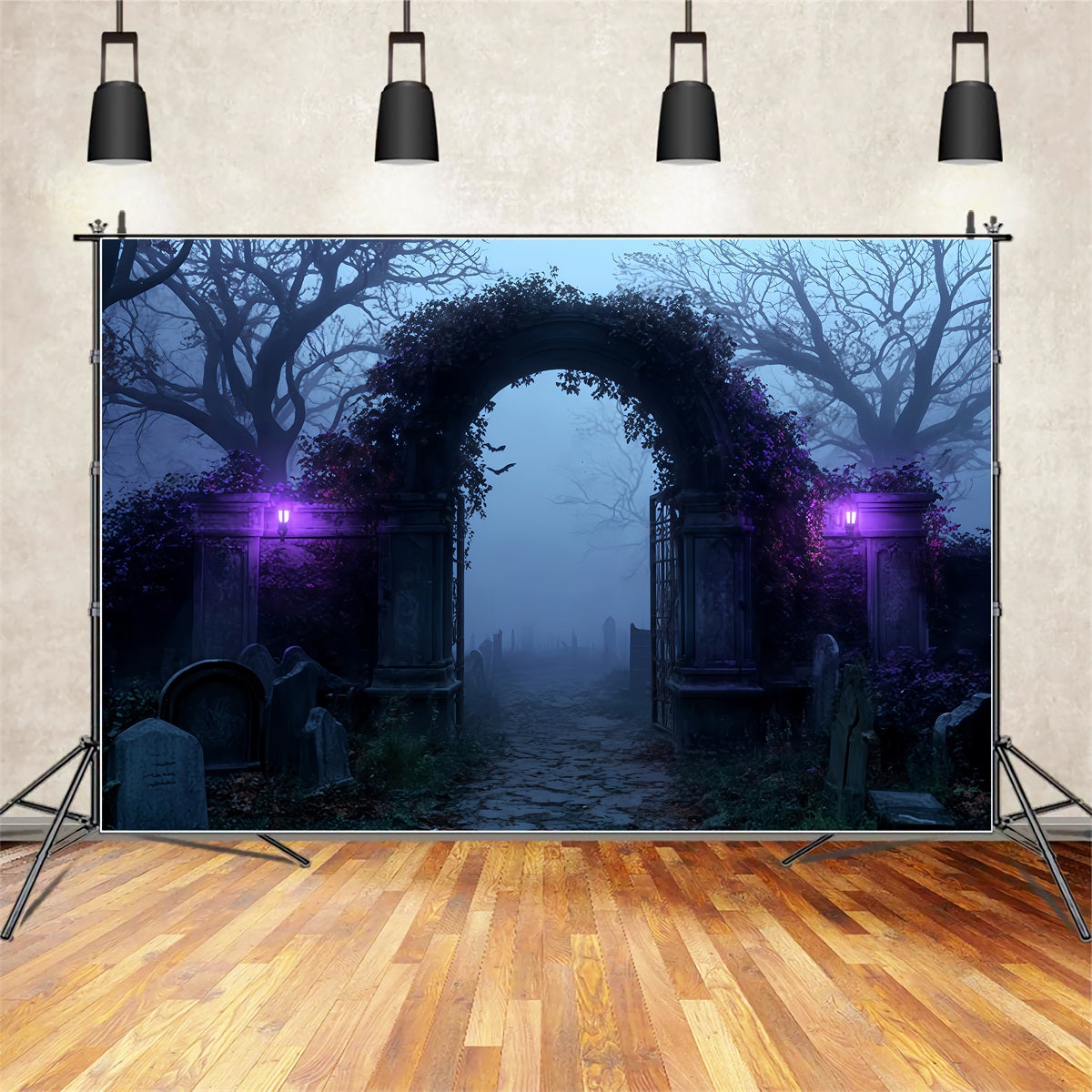 Halloween-Hintergrund Nebliger Friedhof Torbogen Eingang Halloween-Fotohintergründe TWW510-7