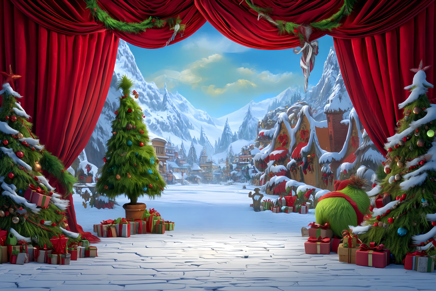 Grinch-Hintergrund Whoville Festliche Winterbühne Weihnachtsfoto-Hintergründe TWW510-83