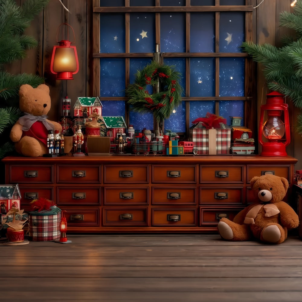 Weihnachtsmann-Werkstatt-Hintergrund Gemütliche Spielzeugwerkstatt Fenster Weihnachtshintergründe TWW510-87