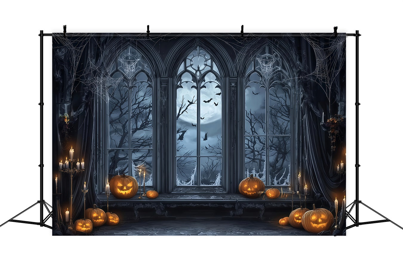 Halloween-Fledermauskulisse Gotisches Fenster Mondlicht Kürbisse Halloween-Fotokulisse TWW510-9