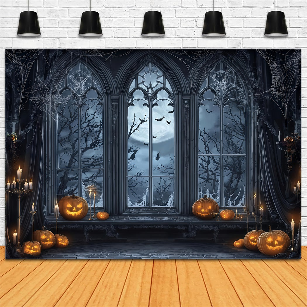 Halloween-Fledermauskulisse Gotisches Fenster Mondlicht Kürbisse Halloween-Fotokulisse TWW510-9