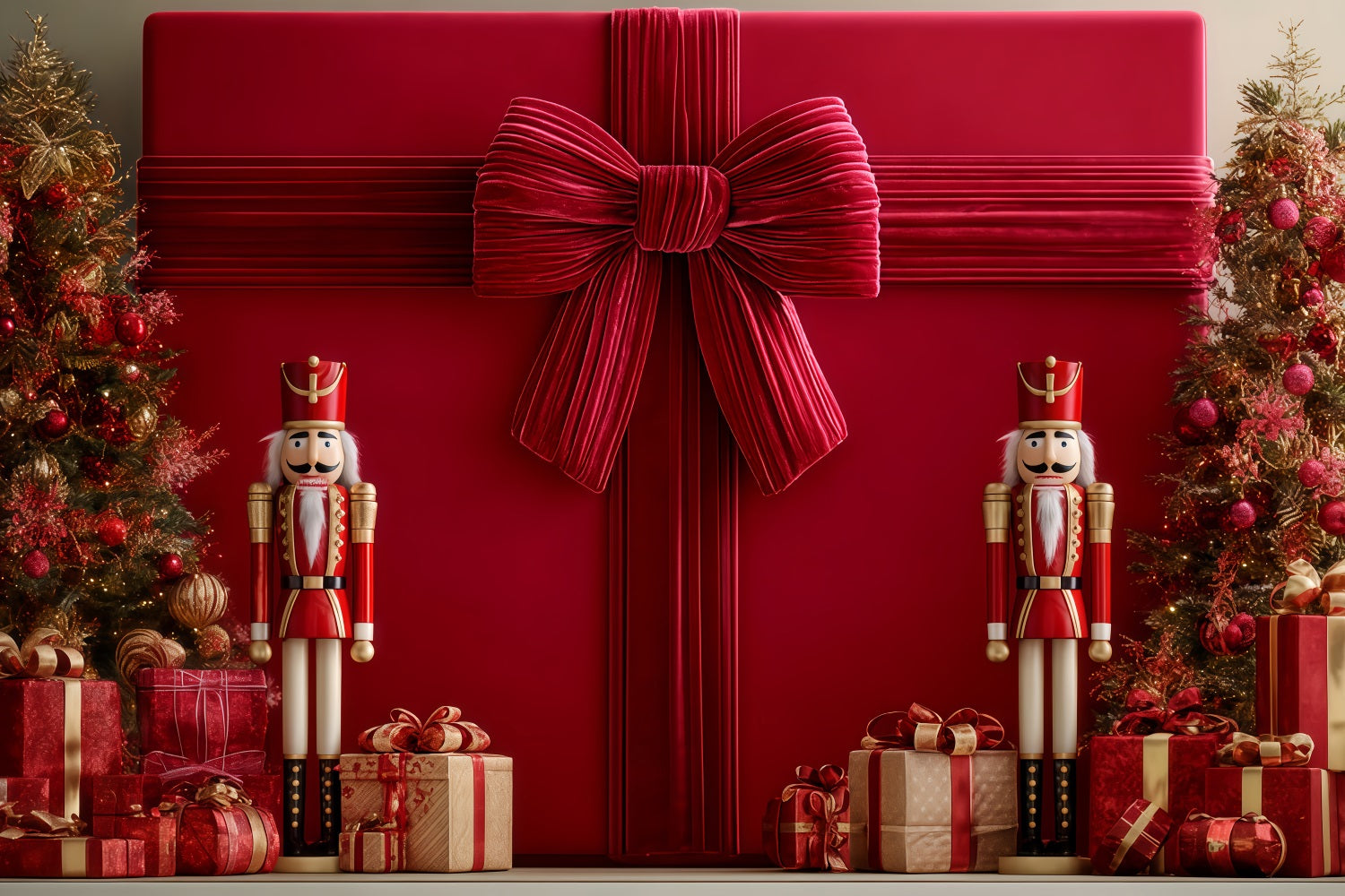 Riesenschleifen-Hintergrund Riesiges Geschenk Nussknacker-Display Weihnachtshintergründe TWW510-97