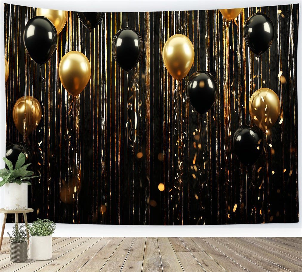 Frohes Neues Jahr Hintergrund Schwarz-goldene Luftballons Glitzerhintergründe TWW512-14