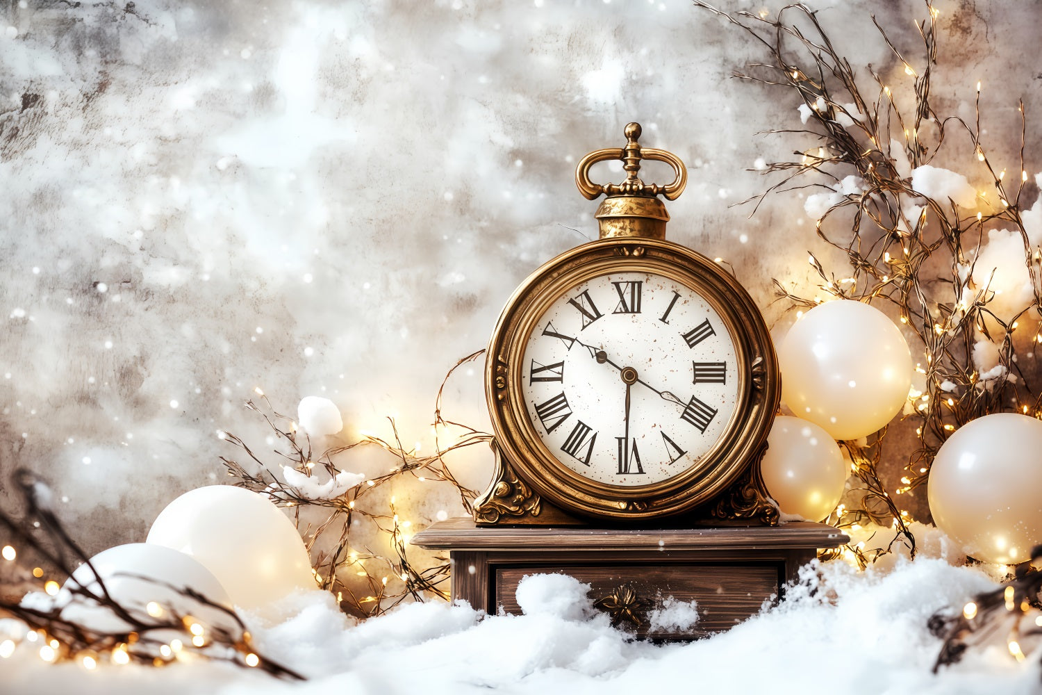 Neujahrshintergrund Verschneiter Countdown Goldglitter Uhr Fotohintergrund TWW512-21