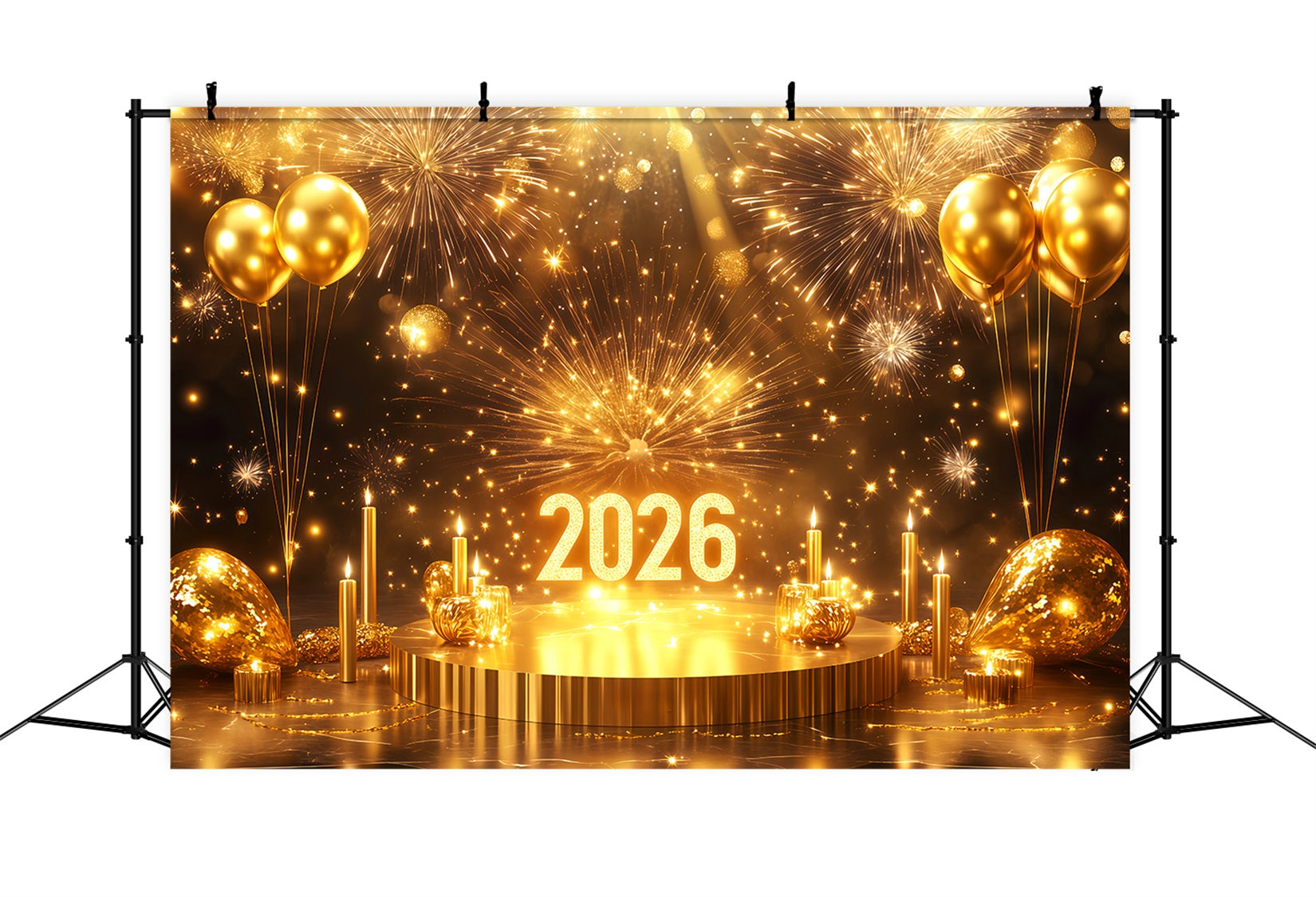 2026 Neujahrs-Hintergrund Bühnenballon Funkelnde Feuerwerke Goldglitzer-Hintergrund TWW512-23