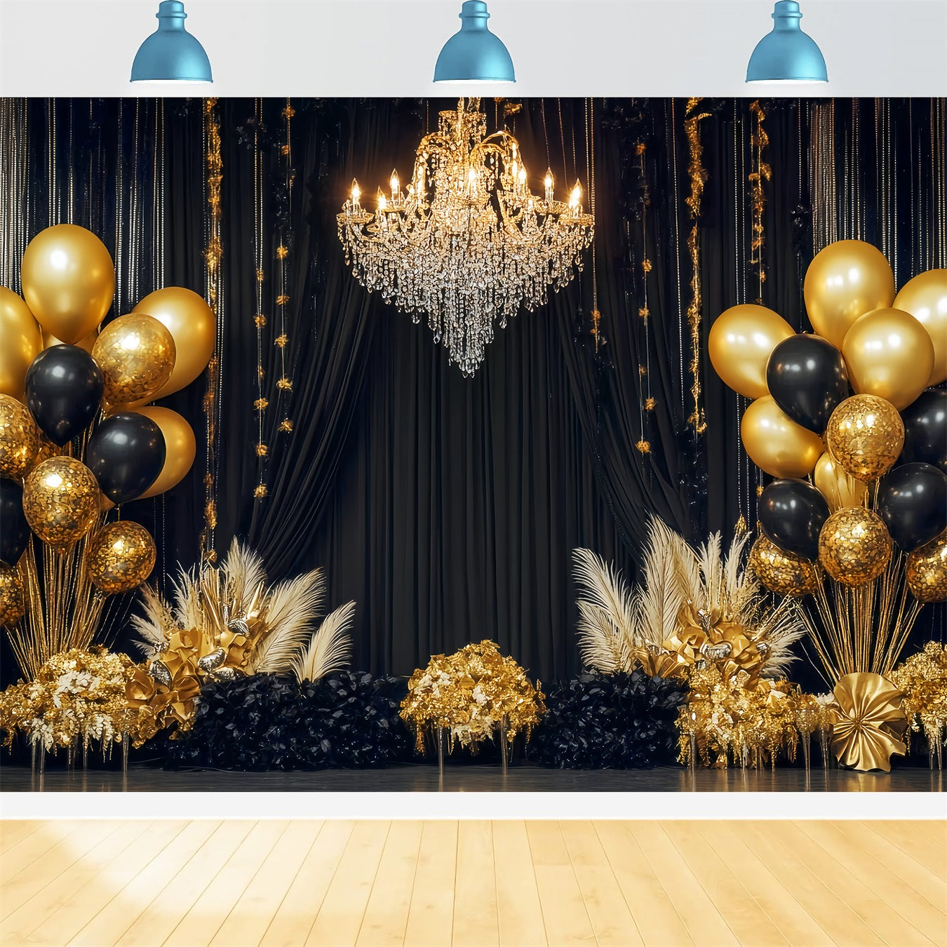 Ideen für Neujahrs-Hintergründe Luxuriöser Kronleuchter Ballons Schwarz-goldener Hintergrund TWW512-28