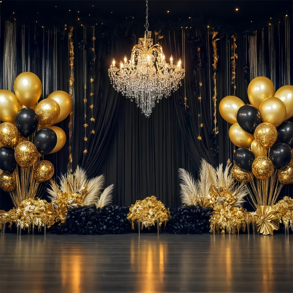 Ideen für Neujahrs-Hintergründe Luxuriöser Kronleuchter Ballons Schwarz-goldener Hintergrund TWW512-28