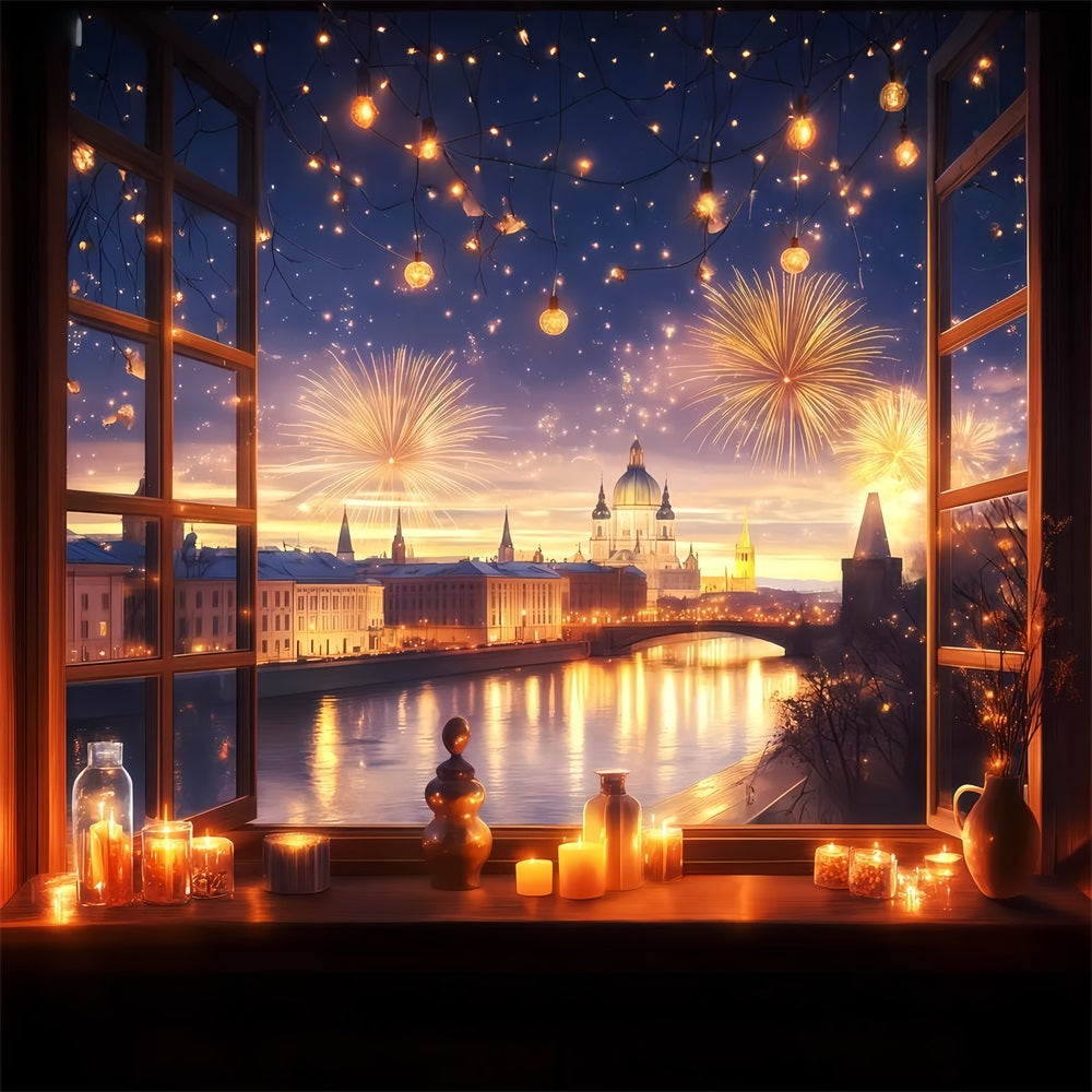 Neujahrsfotohintergrund Fenster Stadt Feuerwerk Glanz Stadtlandschaft Fotohintergrund TWW512-3