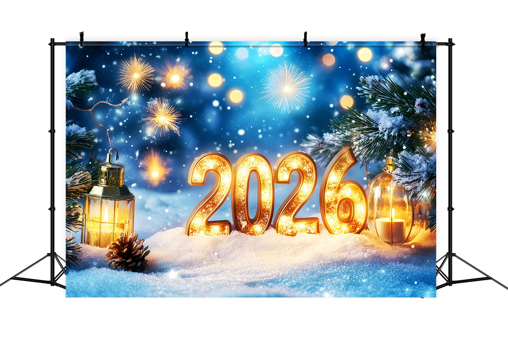 2026 Neujahrs-Hintergrund Schneebedeckte Kiefern Feuerwerk Bokeh Silvester-Hintergrund TWW512-31