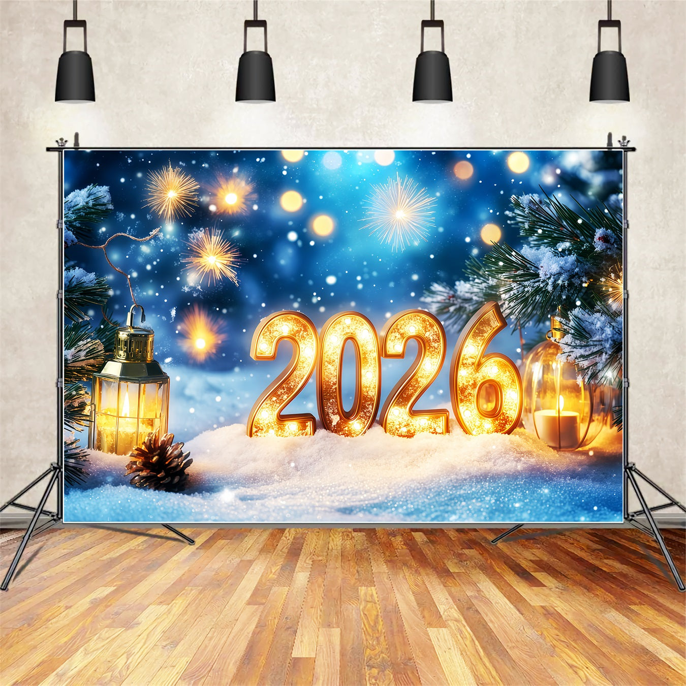 2026 Neujahrs-Hintergrund Schneebedeckte Kiefern Feuerwerk Bokeh Silvester-Hintergrund TWW512-31