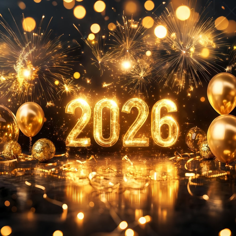2026 Neujahrshintergrund Funkelnde goldene Ballons Feuerwerk Hintergrund TWW512-4