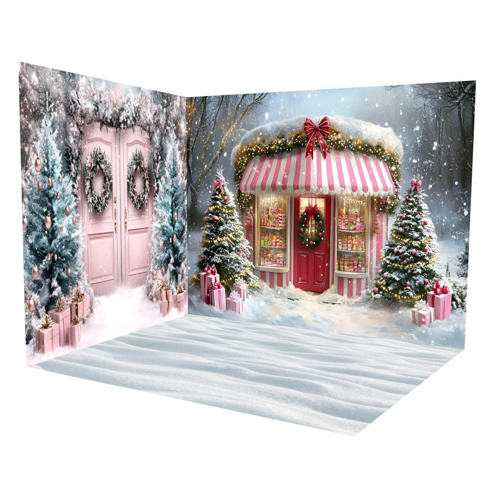 Weihnachts-Fotokulisse Pink Candy Cottage Backdrop Room Set TWW57-46