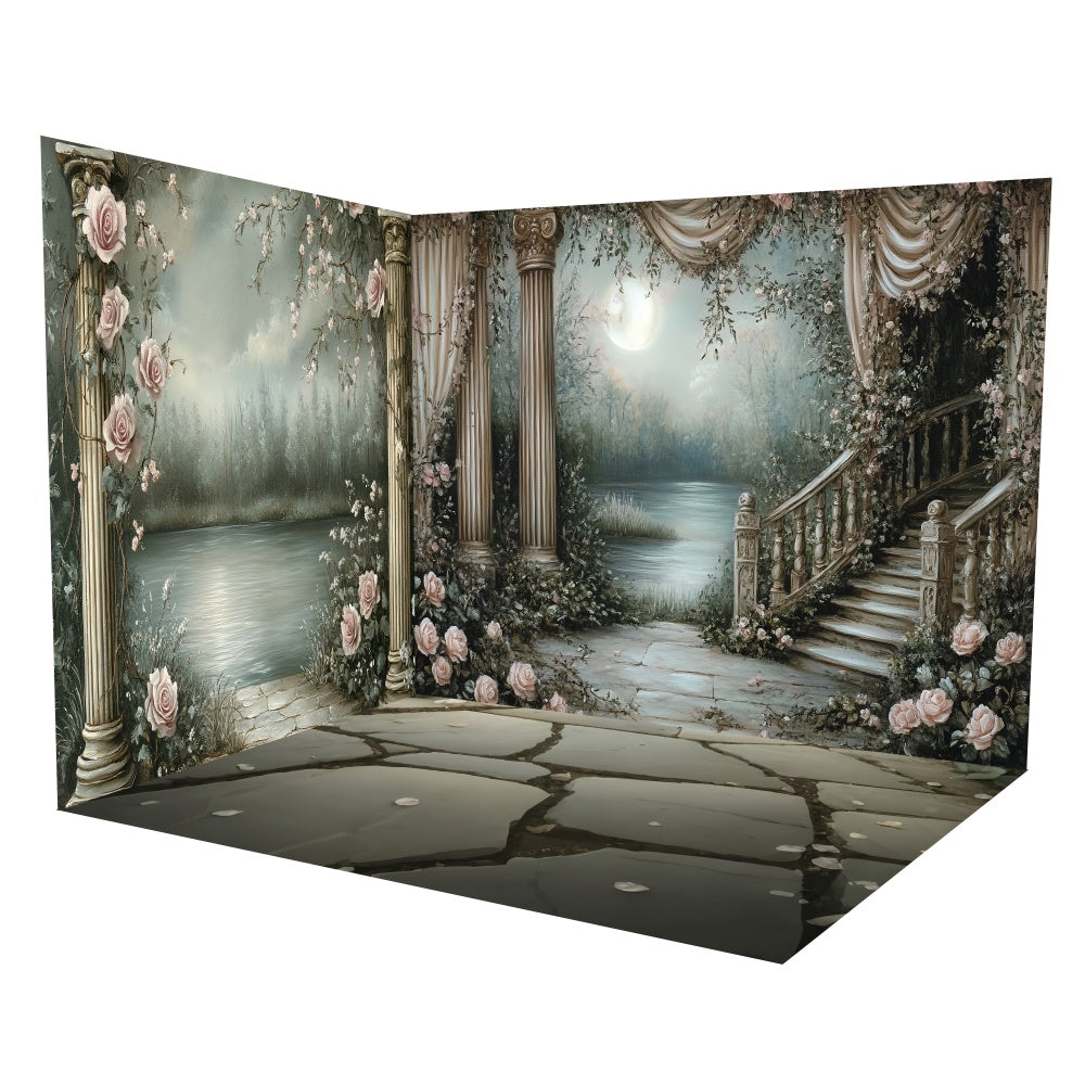 Backdrop Vintage Mondschein Garten Treppe Backdrop Raumset TWW57-63