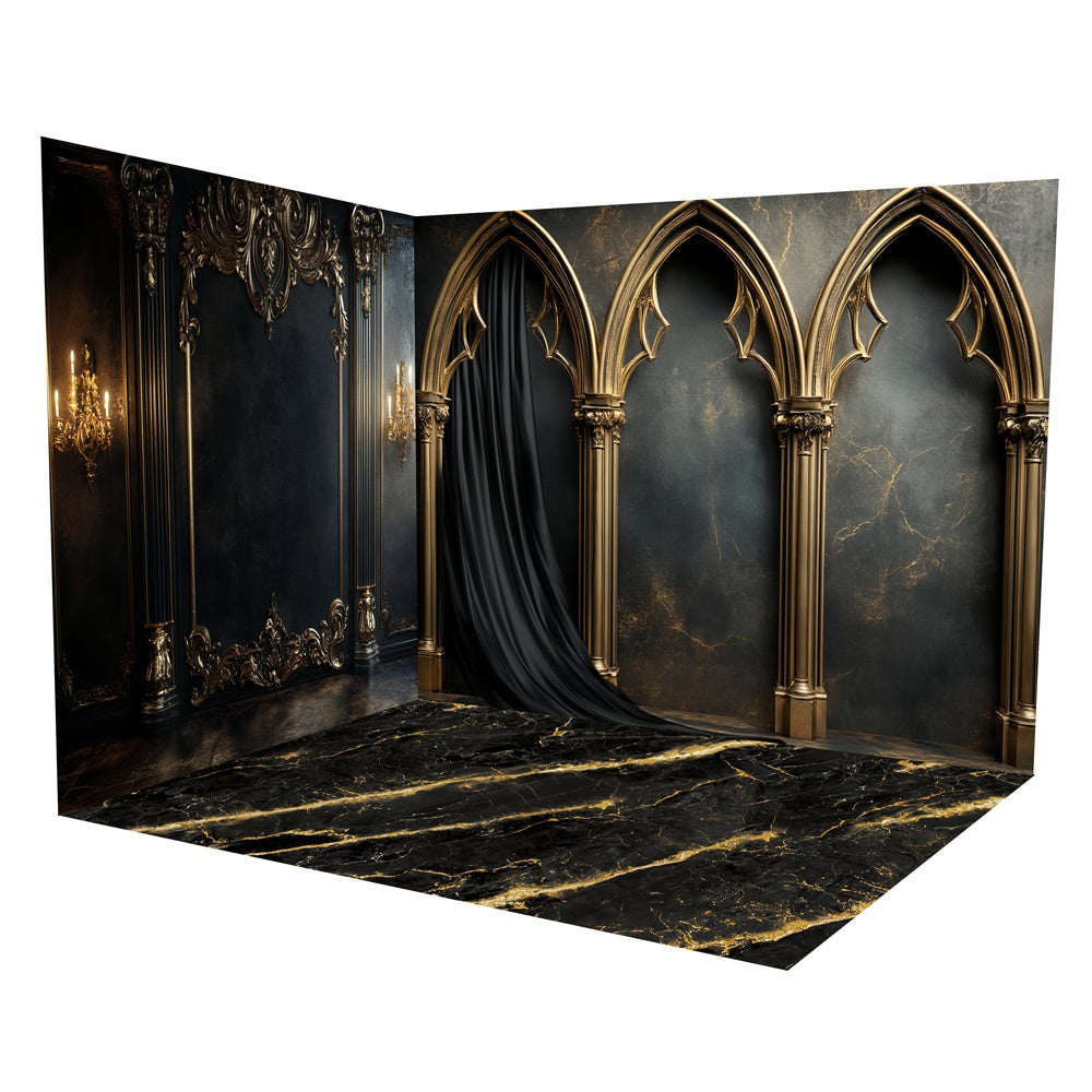 Vintage Wall Backdrop Gothic Gold Arch Hall Backdrop Room Set TWW57-65