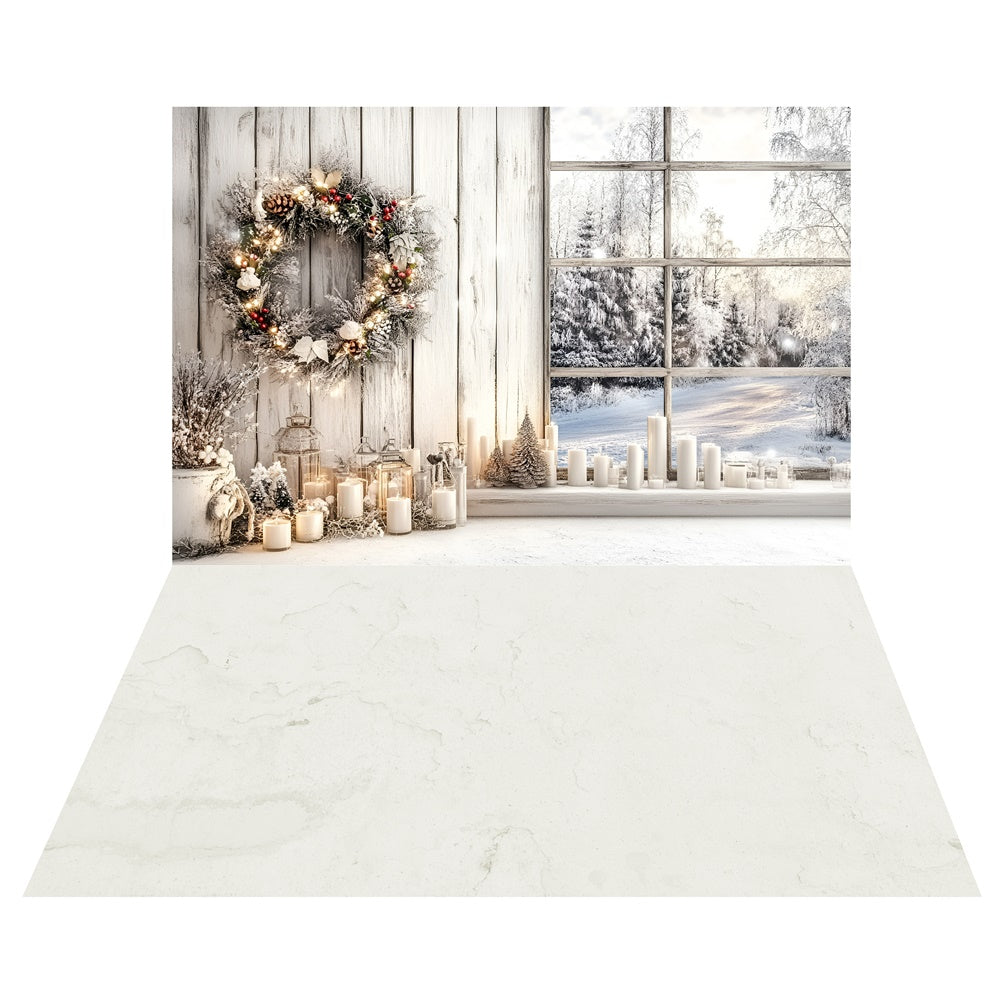 Kerzenbeleuchtete Winter-Fenster-Hintergrundkulisse+weicher Marmorboden-Hintergrundkulisse TWW57-94