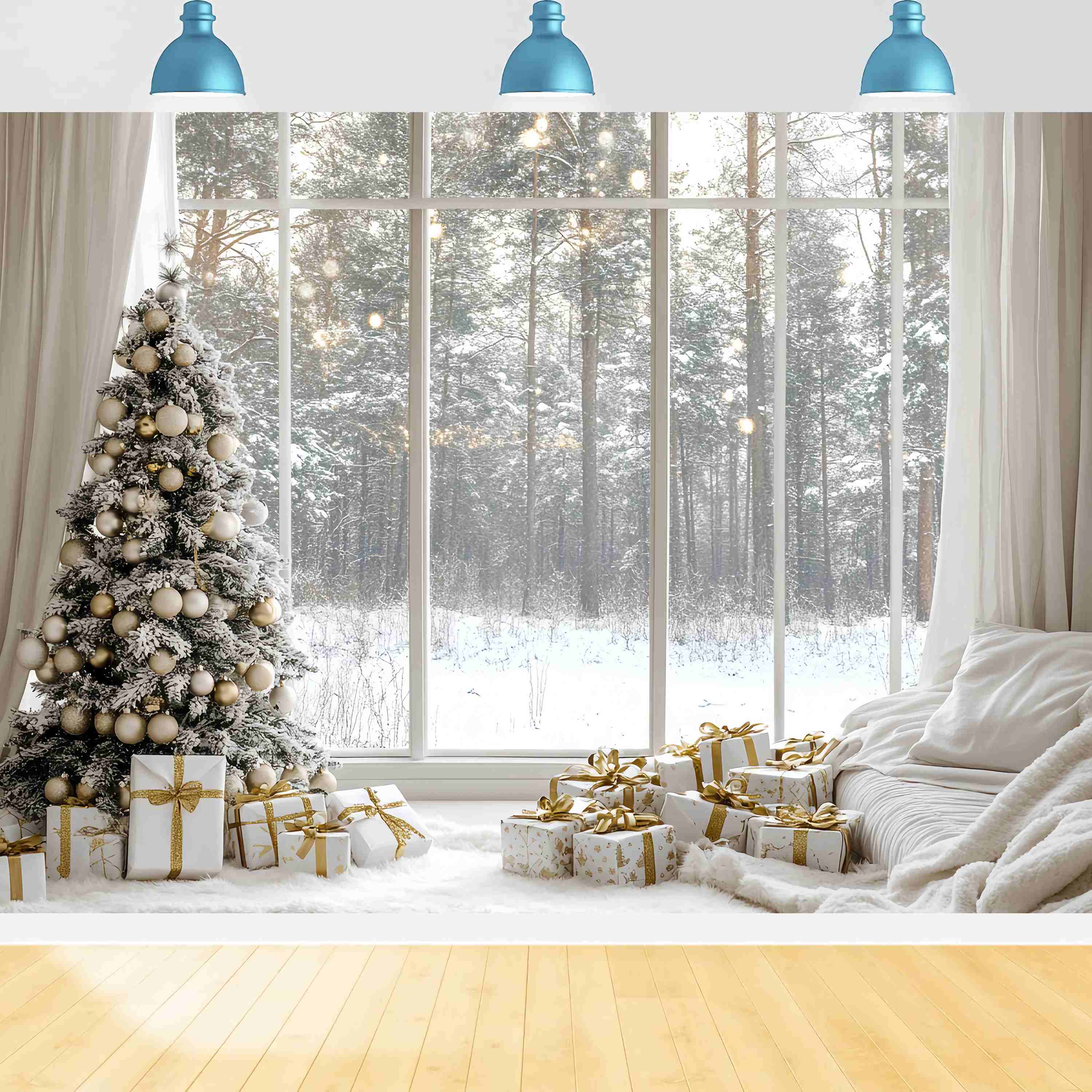 Weiße Weihnachten Backdrop Schneey Pine Gold Ornament gemütliche Fenster Weihnachten Studiohintergrund für Fotografie TWW58-100