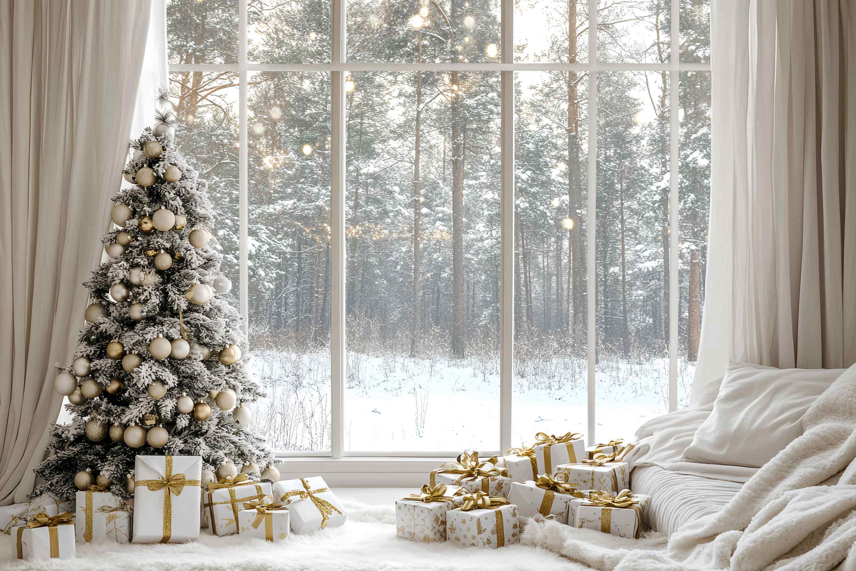 Weiße Weihnachten Backdrop Schneey Pine Gold Ornament gemütliche Fenster Weihnachten Studiohintergrund für Fotografie TWW58-100