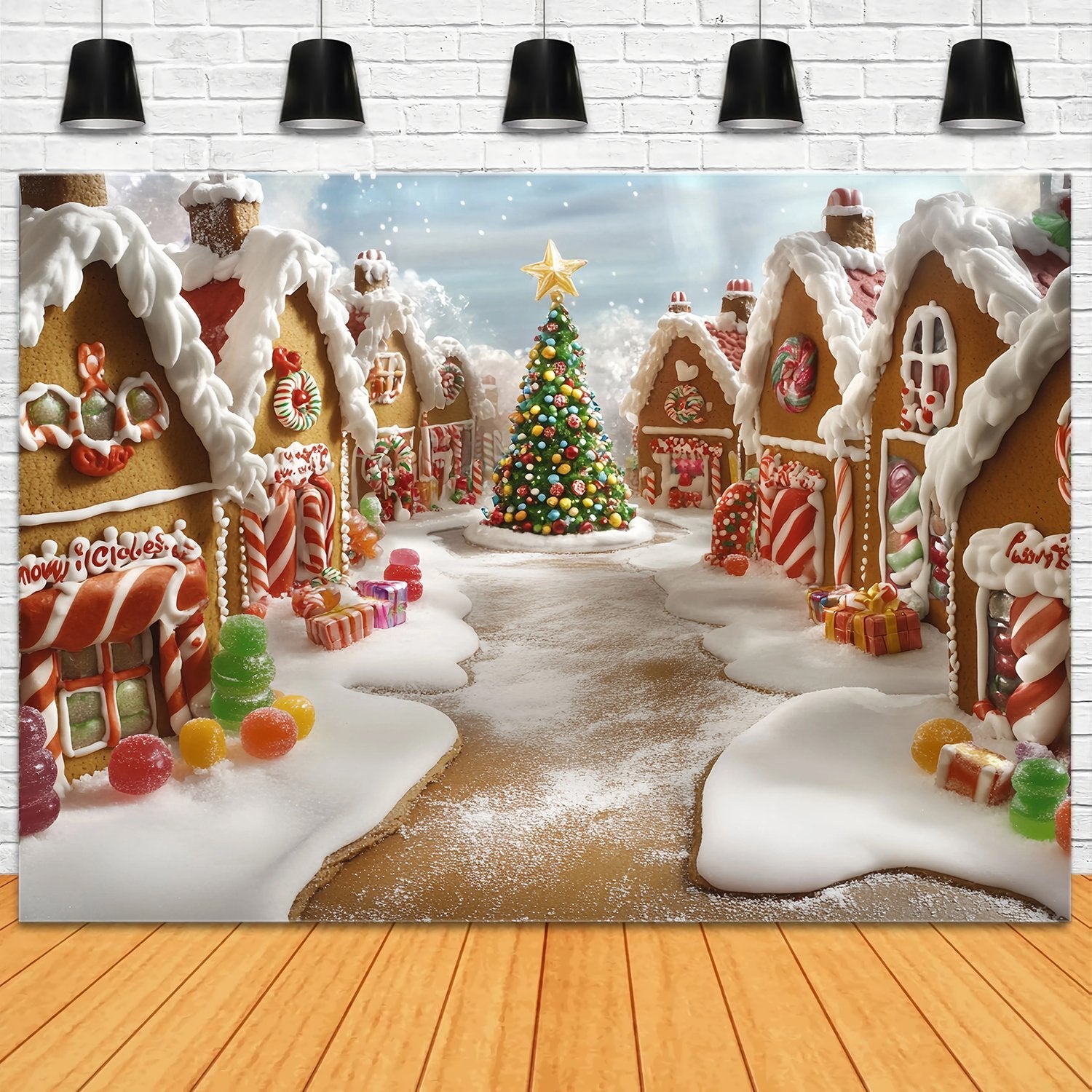 Candyland Weihnachten Backdrop Lebkuchen Candy Village Weihnachtsbaum Professionelle Weihnachten Studiohintergrund TWW58-101