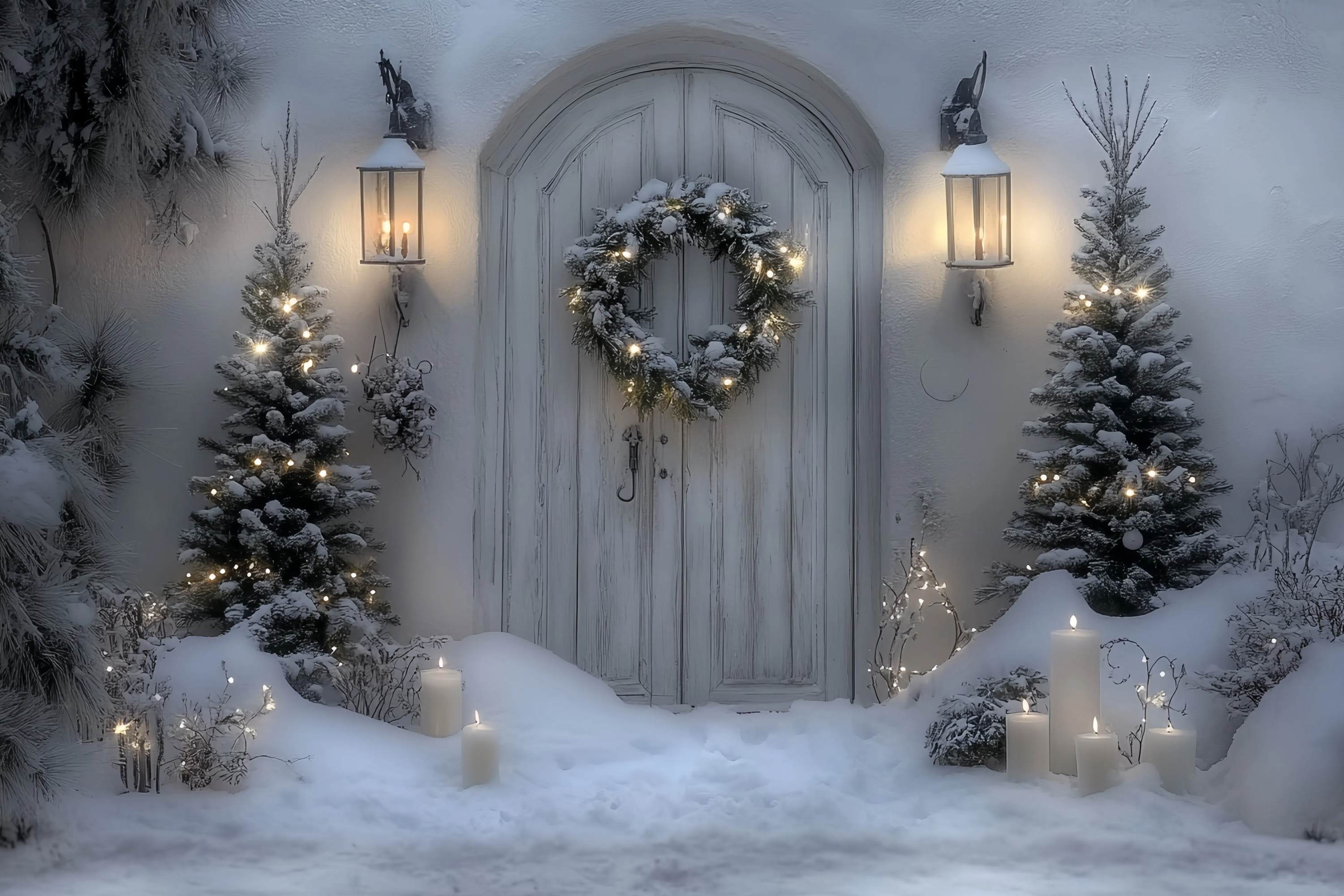 Weiße Weihnachten Backdrop Schneey Weiß Tür Laterne Kranz Professionelle Weihnachten Studiohintergrund TWW58-102