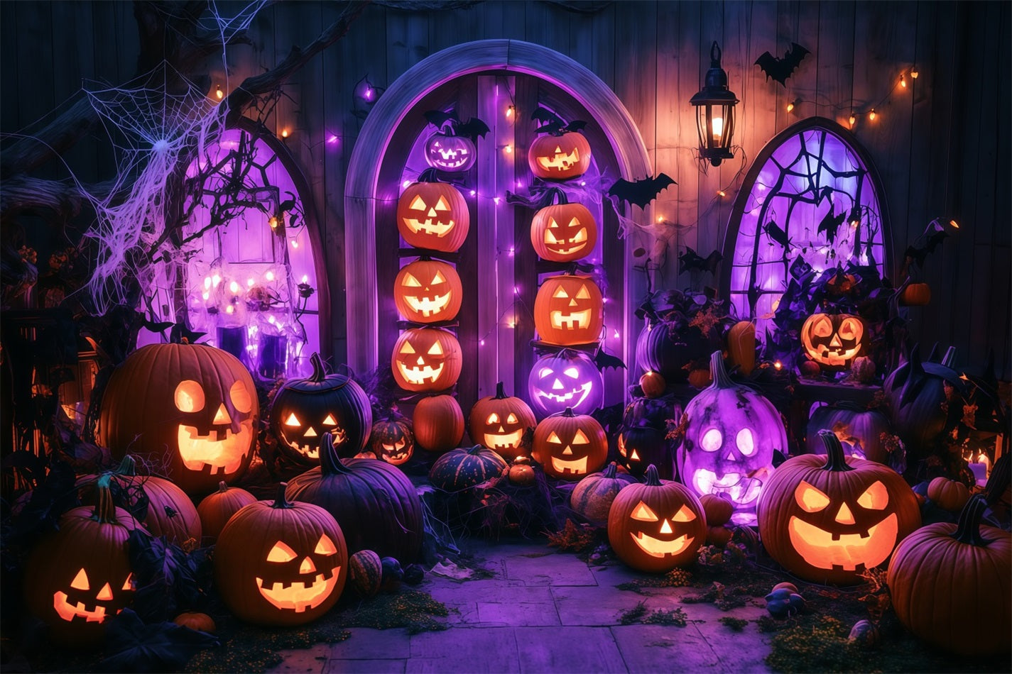 Halloween WandFotohintergrund Glühende Jack-O'-Lantern Veranda mit lila Lichtern Halloween FotoFotohintergrund TWW58-13