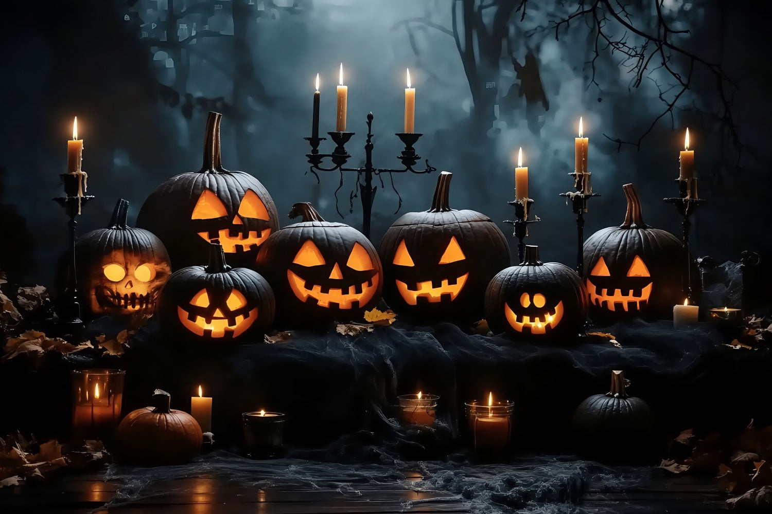 Halloween Kerzenbeleuchtete Jack-O'-Lantern-Anzeige in dunklen Wäldern Halloween-FotoFotohintergrund TWW58-16