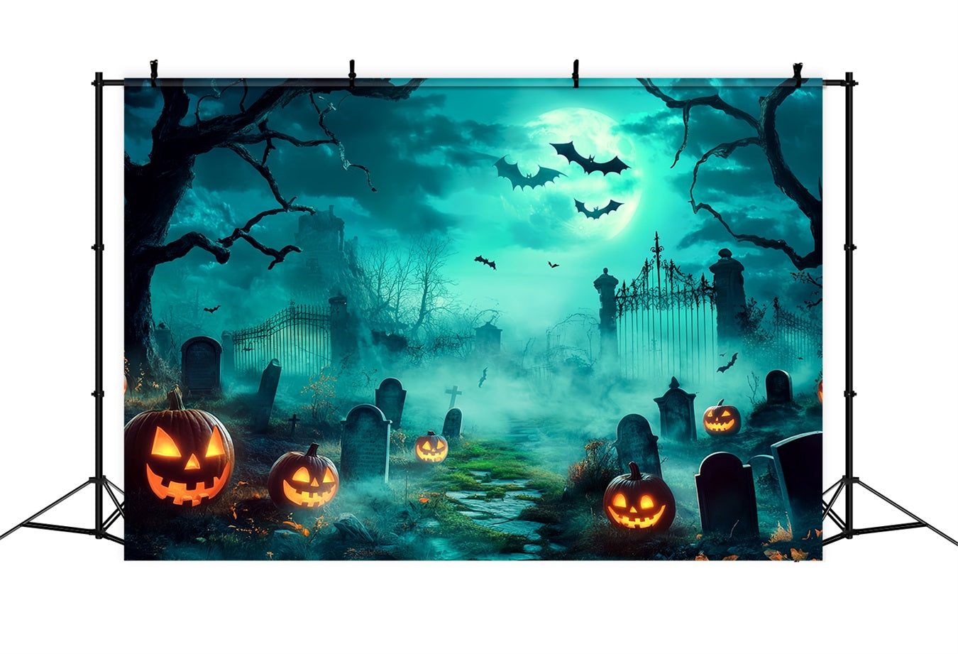 Halloween Friedhof Fotohintergrund Gespenstischer Friedhof mit leuchtenden Jack-O'-Lanterns Halloween Fotohintergrund für Fotos TWW58-18