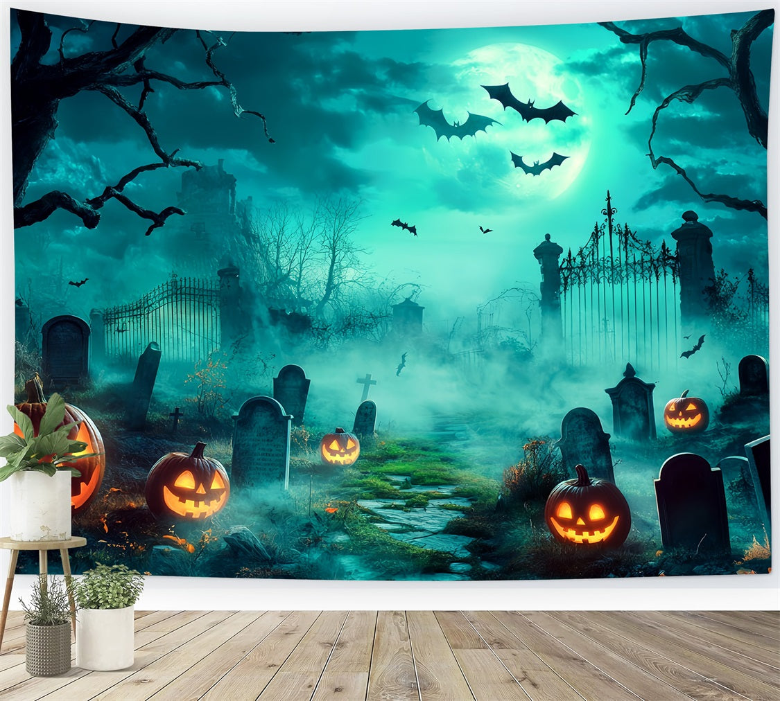 Halloween Friedhof Fotohintergrund Gespenstischer Friedhof mit leuchtenden Jack-O'-Lanterns Halloween Fotohintergrund für Fotos TWW58-18