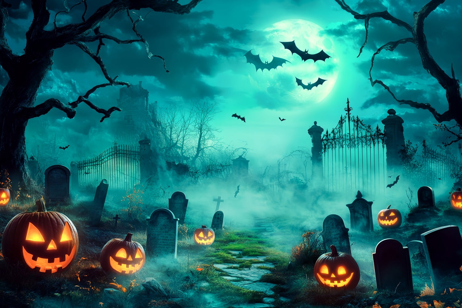 Halloween Friedhof Fotohintergrund Gespenstischer Friedhof mit leuchtenden Jack-O'-Lanterns Halloween Fotohintergrund für Fotos TWW58-18