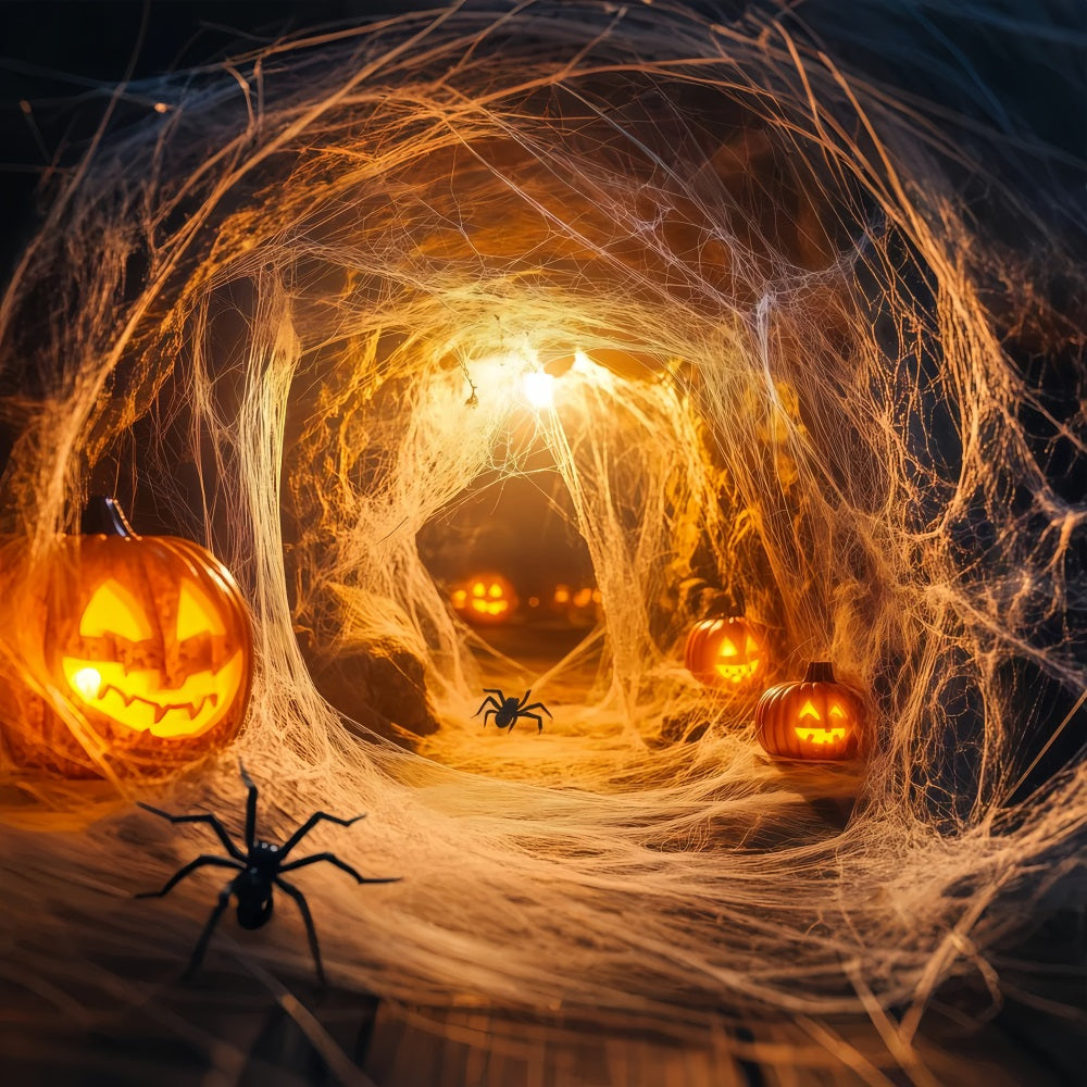 Halloween WandFotohintergrund Kürbis Spinnentunnel mit leuchtenden Netzen Halloween Fotohintergrund für Fotos TWW58-19
