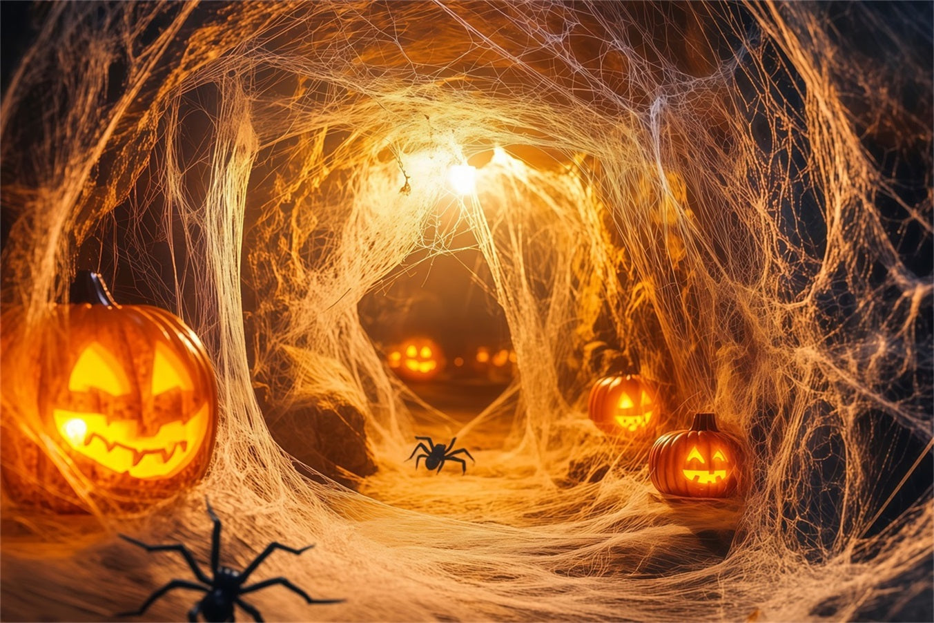 Halloween WandFotohintergrund Kürbis Spinnentunnel mit leuchtenden Netzen Halloween Fotohintergrund für Fotos TWW58-19