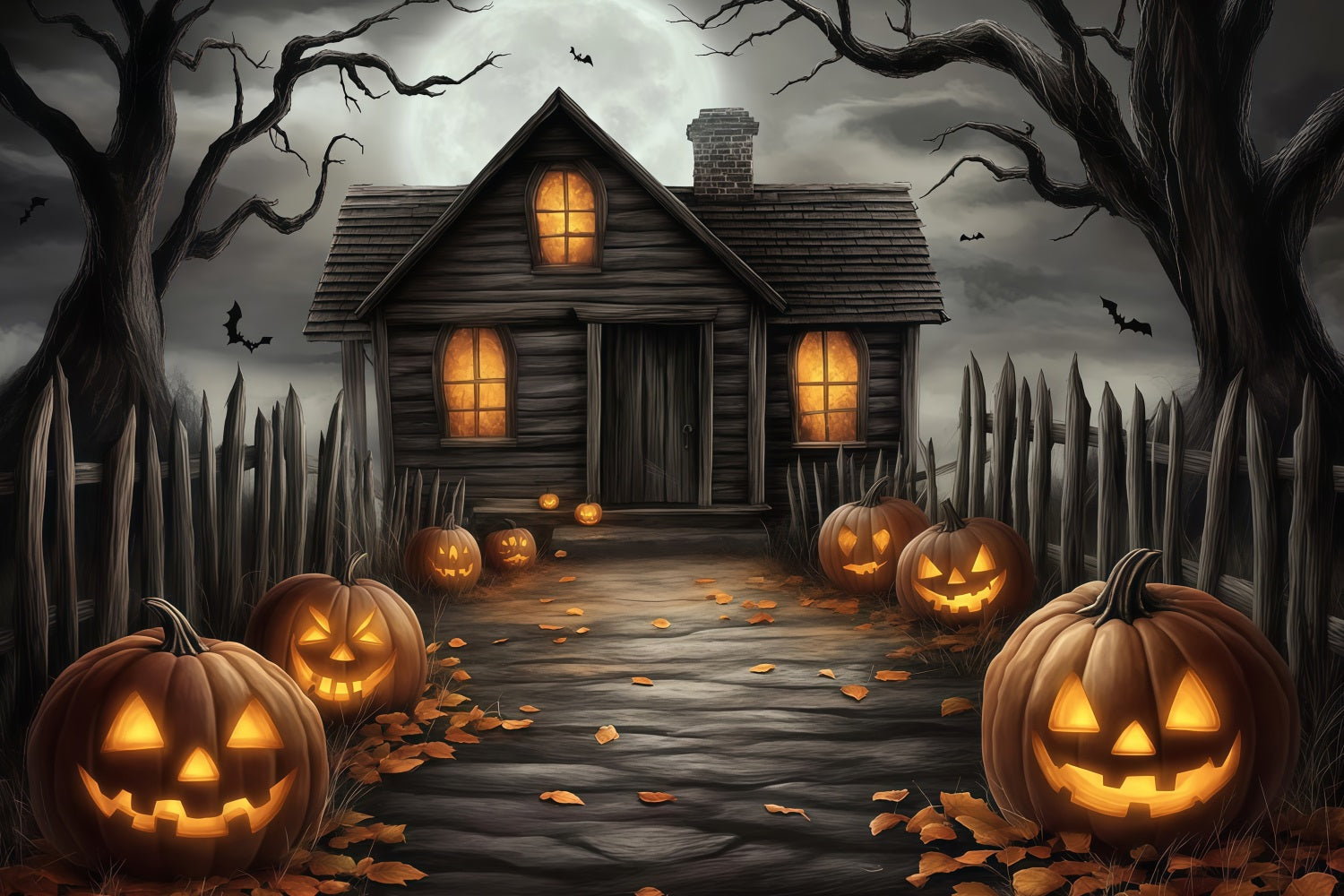 Halloween Haunted Haus Pathway mit geschnitzten Kürbissen Halloween Fotohintergrund für Fotos TWW58-20