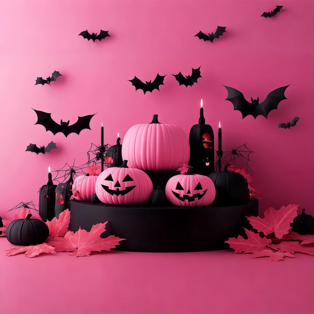 Rosa und schwarze Halloween-Kürbisse mit fliegenden Fledermäusen Halloween-Fotohintergrund-Ideen TWW58-22
