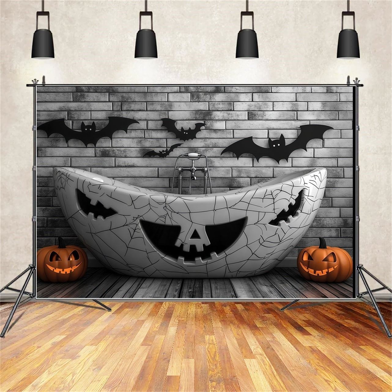 Halloween Geisterbadewanne mit Kürbisschnitzereien und Fledermäusen Halloween-Fotohintergrundideen TWW58-23