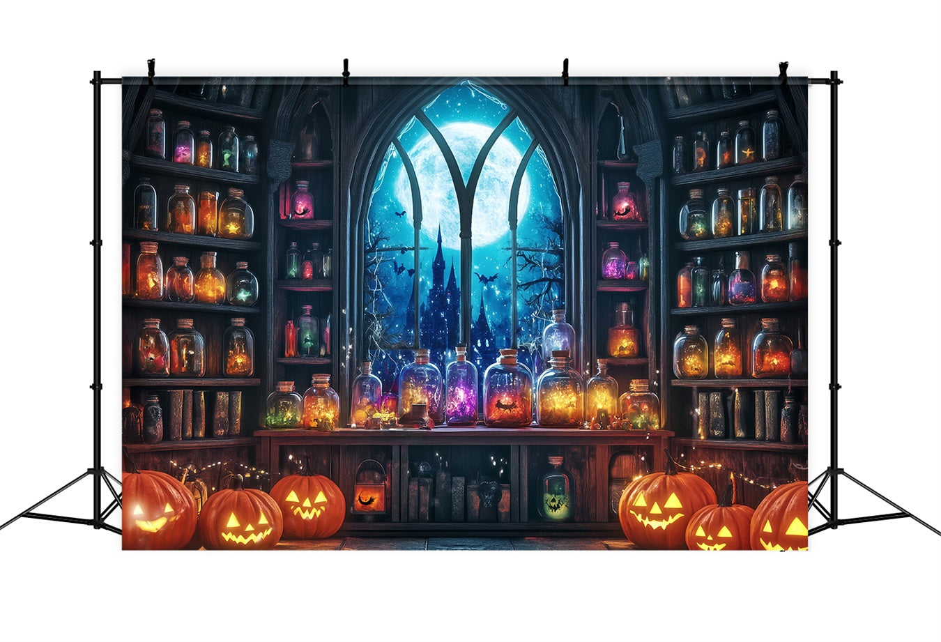Halloween WandFotohintergrund Moonbeschienener Zaubertrankraum mit Kürbissen und Gläsern Halloween-Fotohintergrundideen TWW58-24