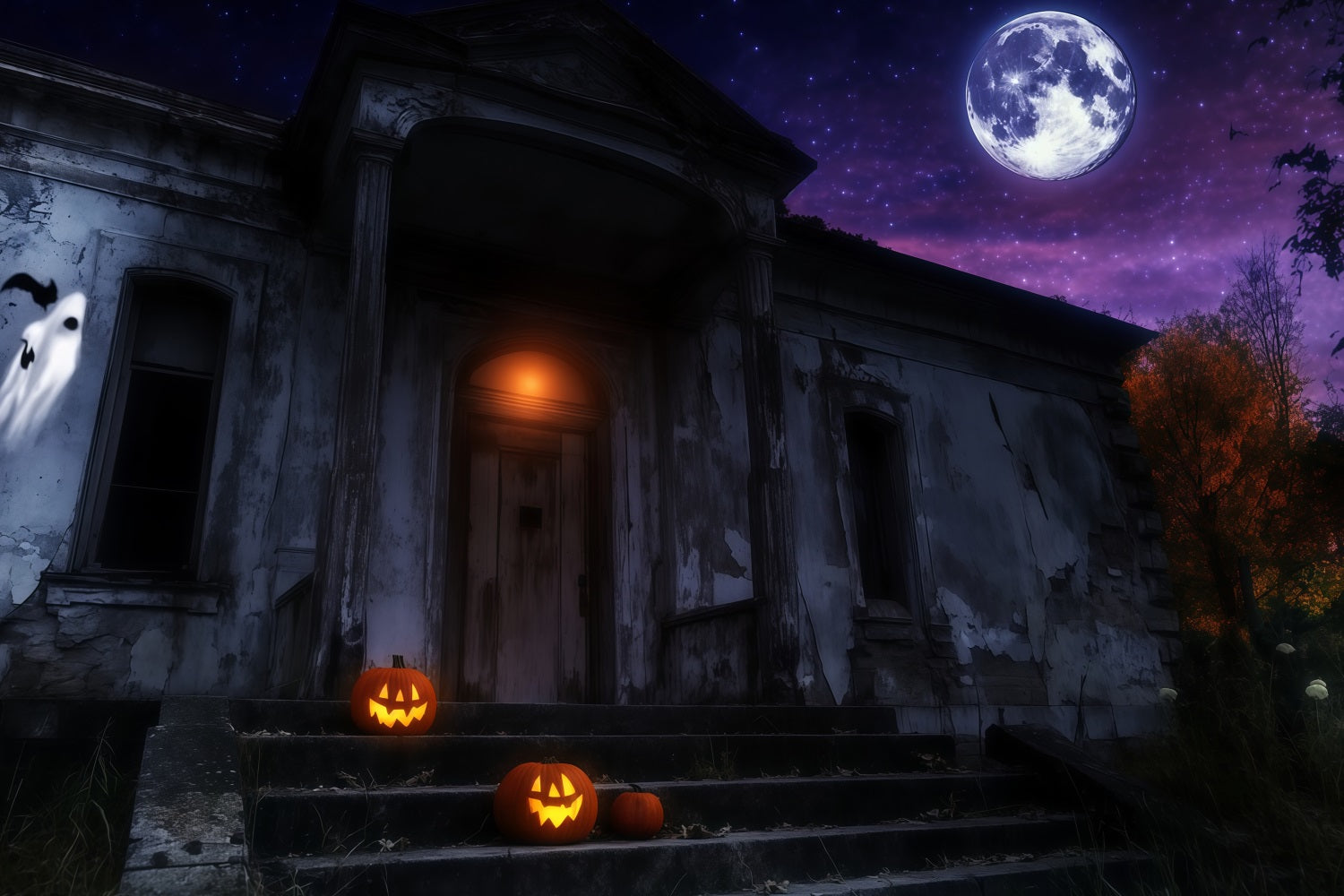 Haunted Haus Backdrop Haunted Mansion mit leuchtenden Kürbissen unter Moon Halloween Backdrop Ideen TWW58-25