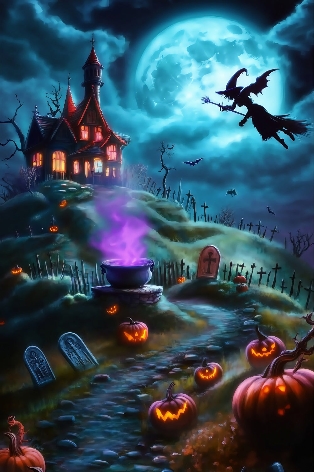 Halloween-Hexe, die über einen gruseligen Bergfriedhof fliegt Halloween-Fotohintergrund für Fotos TWW58-26