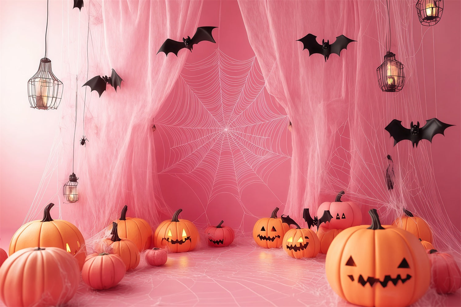 Halloween Rosa Spinnennetzvorhänge mit Lampions Halloween-Fotohintergrund für Fotos TWW58-27