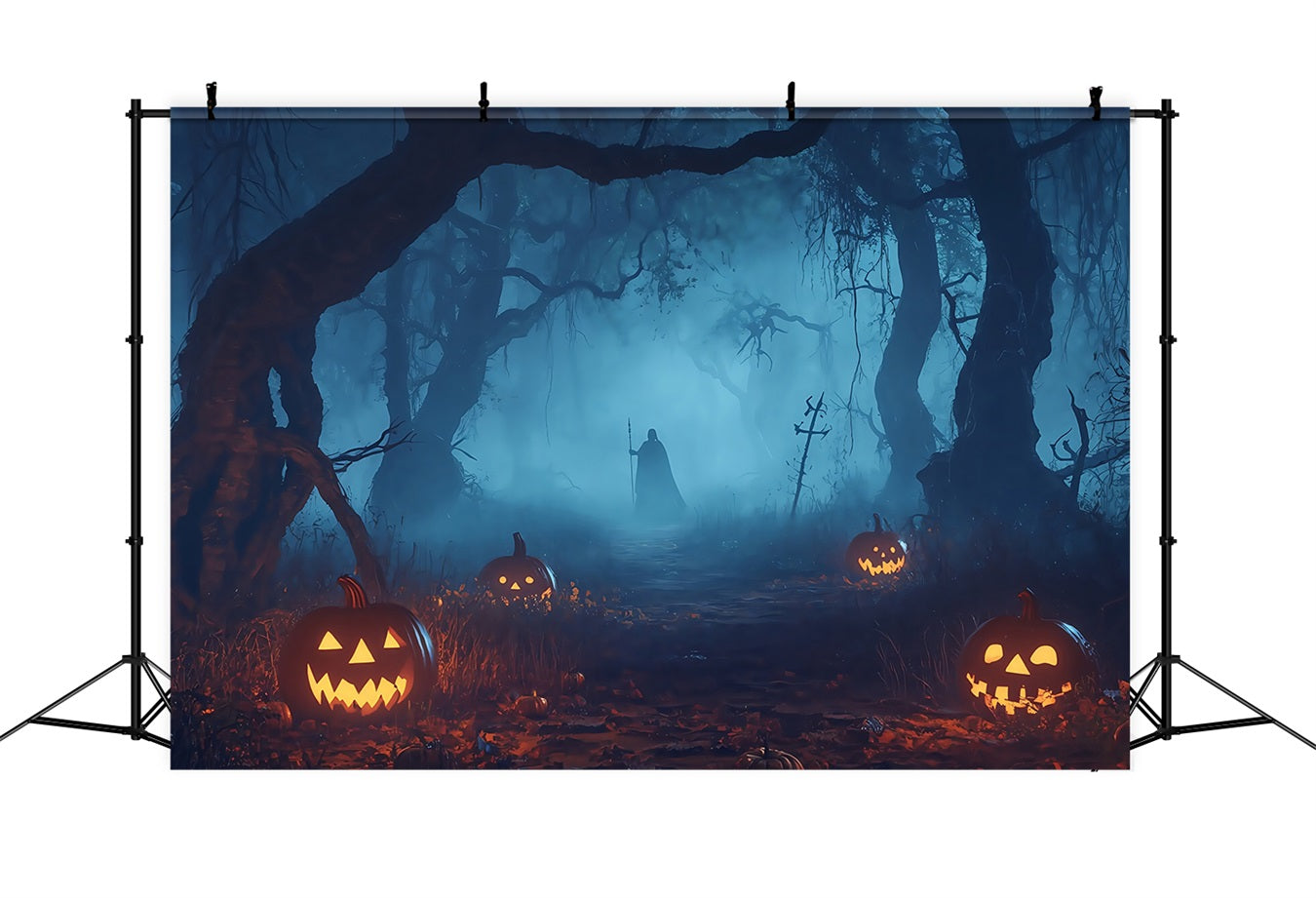 Halloween-Friedhof-Fotohintergrund Kürbis beleuchteter Spukwald mit geheimnisvoller Figur Halloween-Fotokulissen TWW58-32