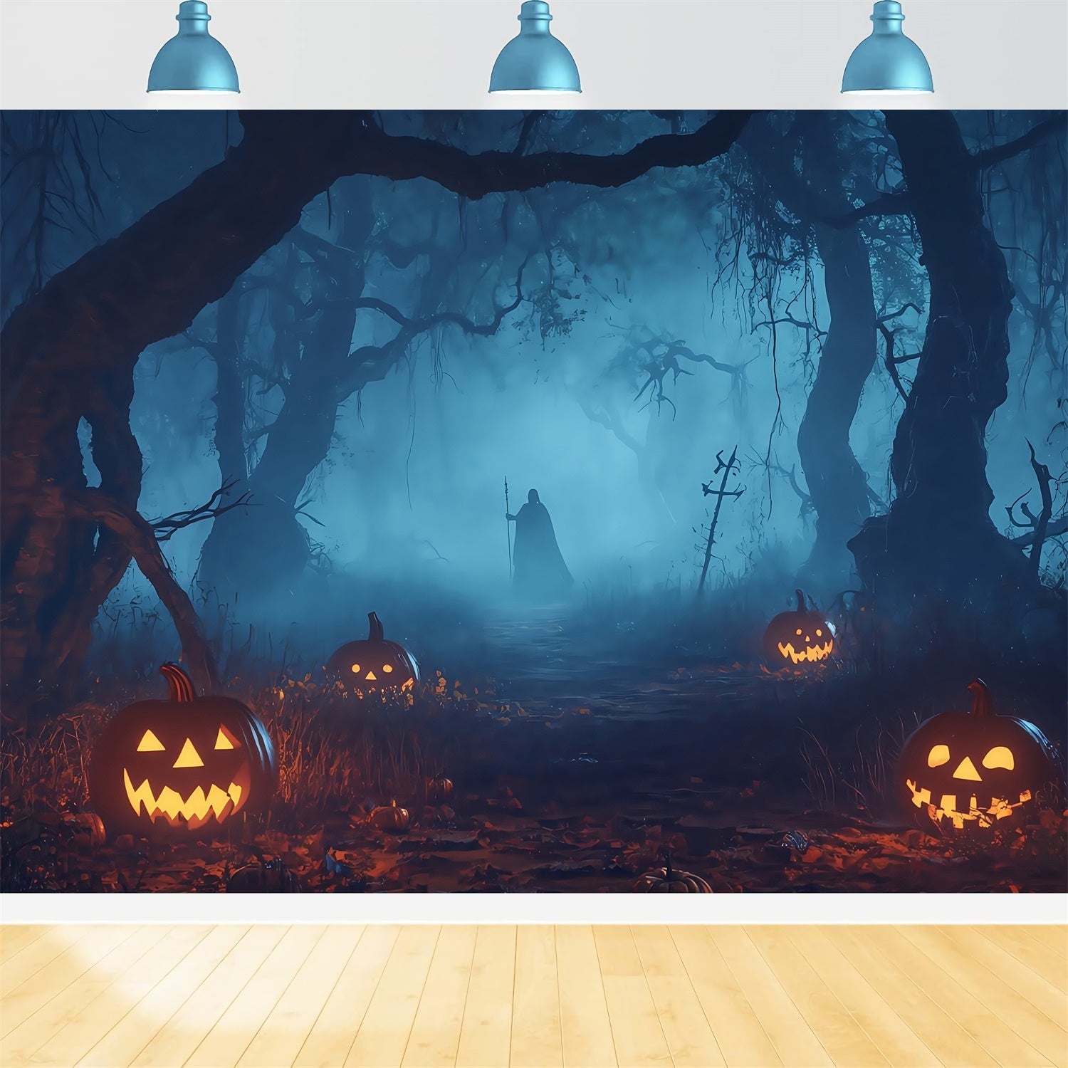Halloween-Friedhof-Fotohintergrund Kürbis beleuchteter Spukwald mit geheimnisvoller Figur Halloween-Fotokulissen TWW58-32
