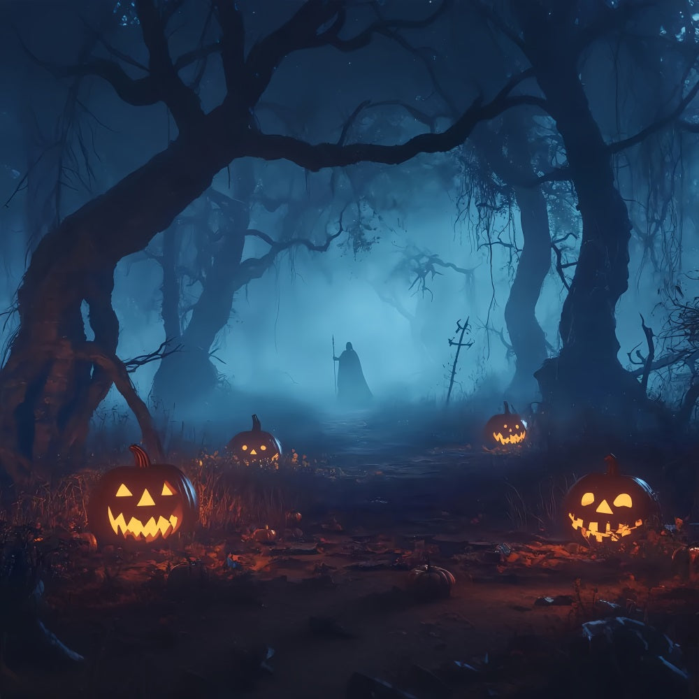 Halloween-Friedhof-Fotohintergrund Kürbis beleuchteter Spukwald mit geheimnisvoller Figur Halloween-Fotokulissen TWW58-32