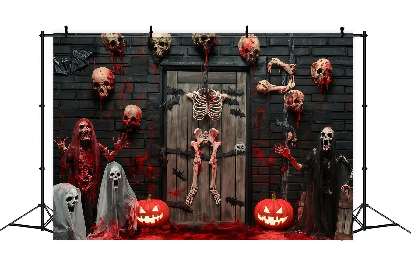 Garagentor Halloween Backdrop Blutige Skelette und Totenköpfe Spuktür Gruselige Halloween Studiohintergrund TWW58-35