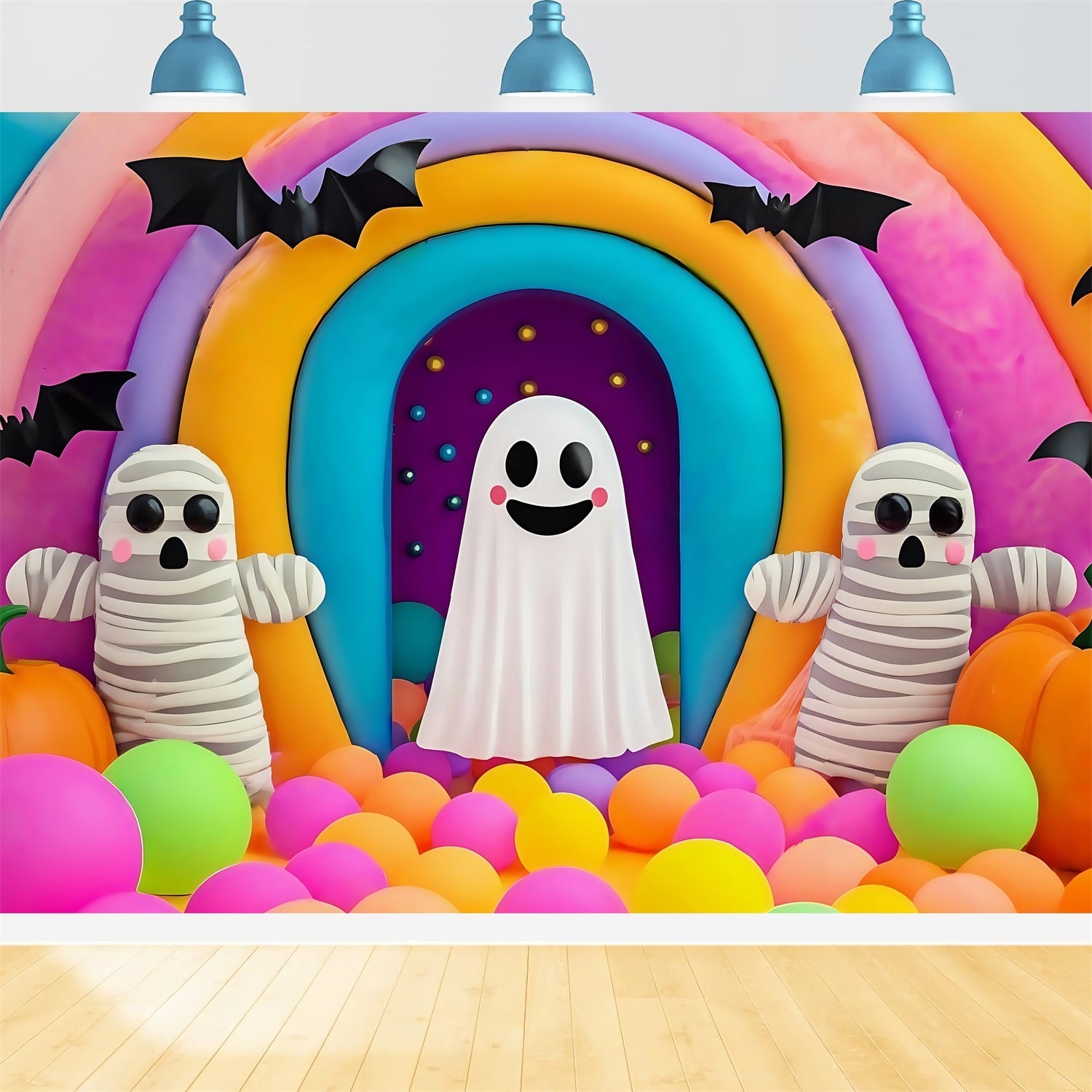 Halloween WandFotohintergrund Bunter Regenbogen Geister und Mumien Display Gruseliger Halloween-Fotohintergrund TWW58-36