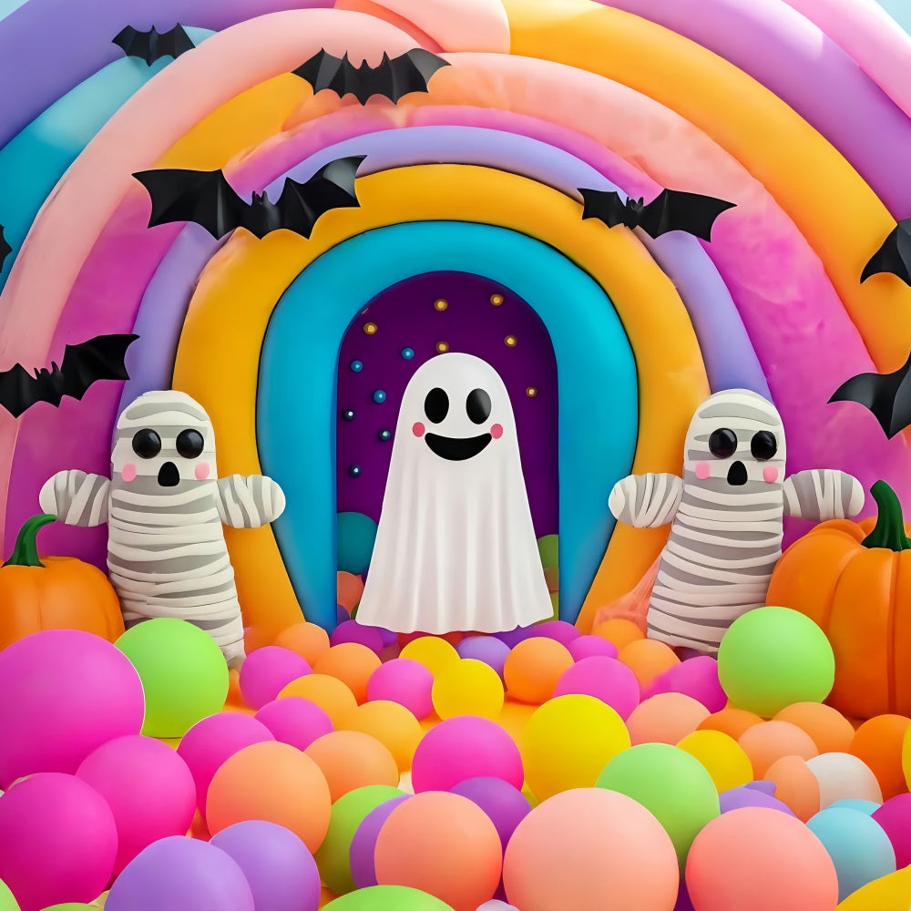 Halloween WandFotohintergrund Bunter Regenbogen Geister und Mumien Display Gruseliger Halloween-Fotohintergrund TWW58-36