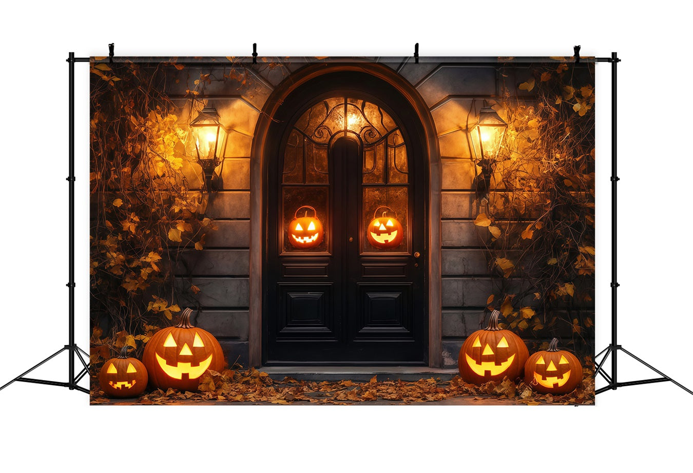 Garagentor-Halloween-Fotohintergrund Glühende Jack-O'-Lanterns Rustikale Türöffnung Gespenstische Halloween-Fotohintergrundkulisse TWW58-37