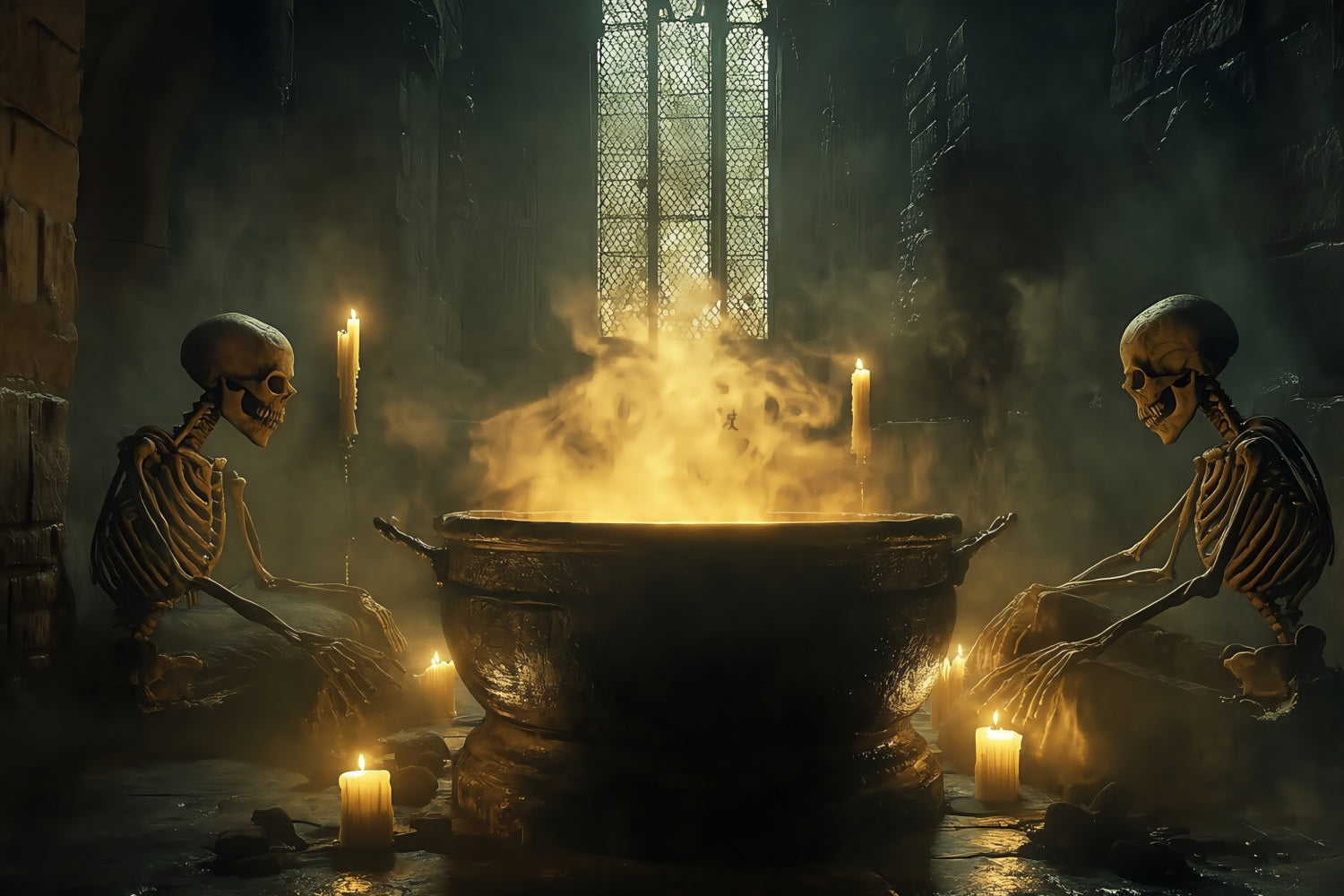 Spukhaus-Fotohintergrundkulisse Skelette Rührender blubbernder Hexenkessel Gruselige Halloween-Fotohintergrundkulisse TWW58-38