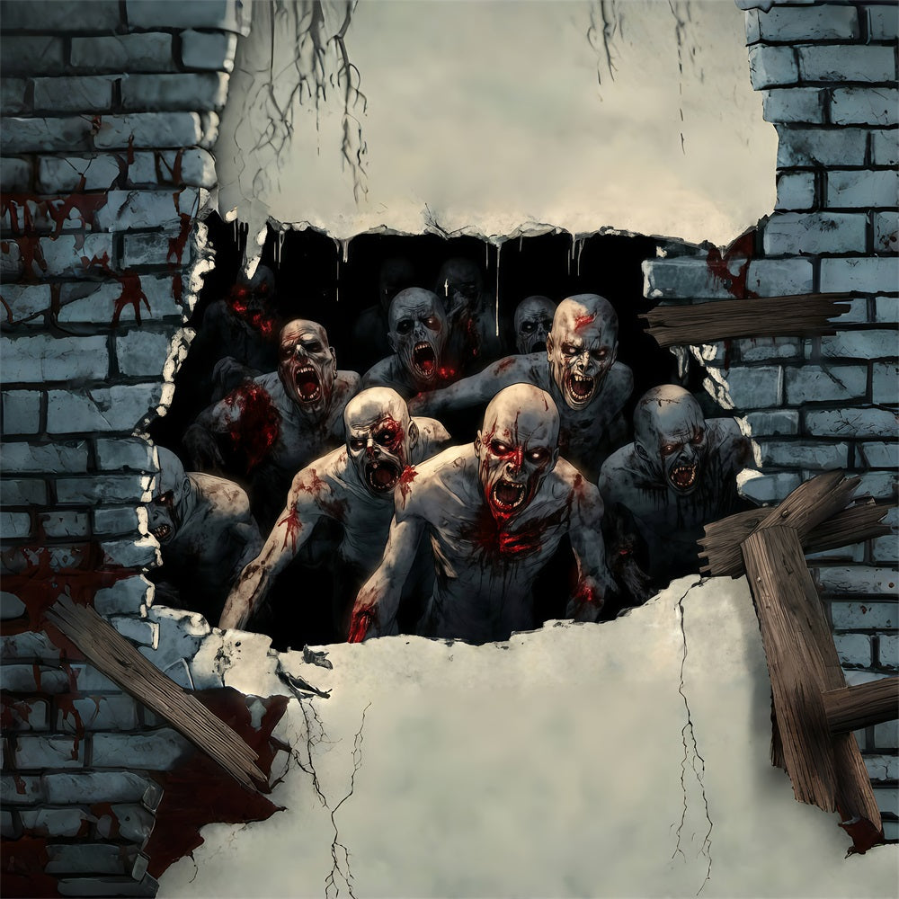 Garagentor Halloween Backdrop Blutrünstige Zombies brechen durch die Wand Gruselige Halloween Studiohintergrund TWW58-40