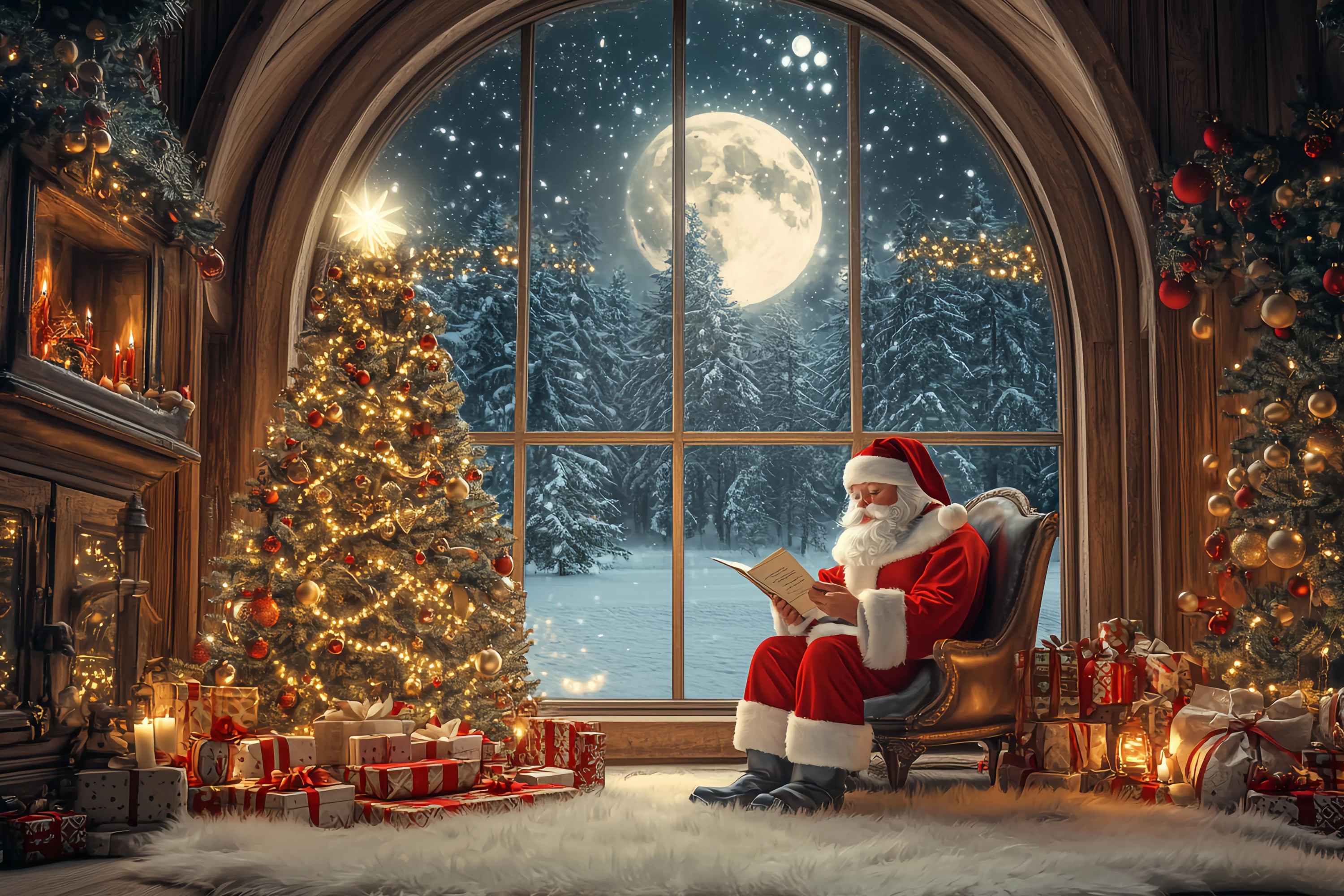 Weihnachtsmann Fotokulissen Weihnachtsmann lesend Moonbeschienener Weihnachtsbaum Weihnachtskulisse für Fotos TWW58-56